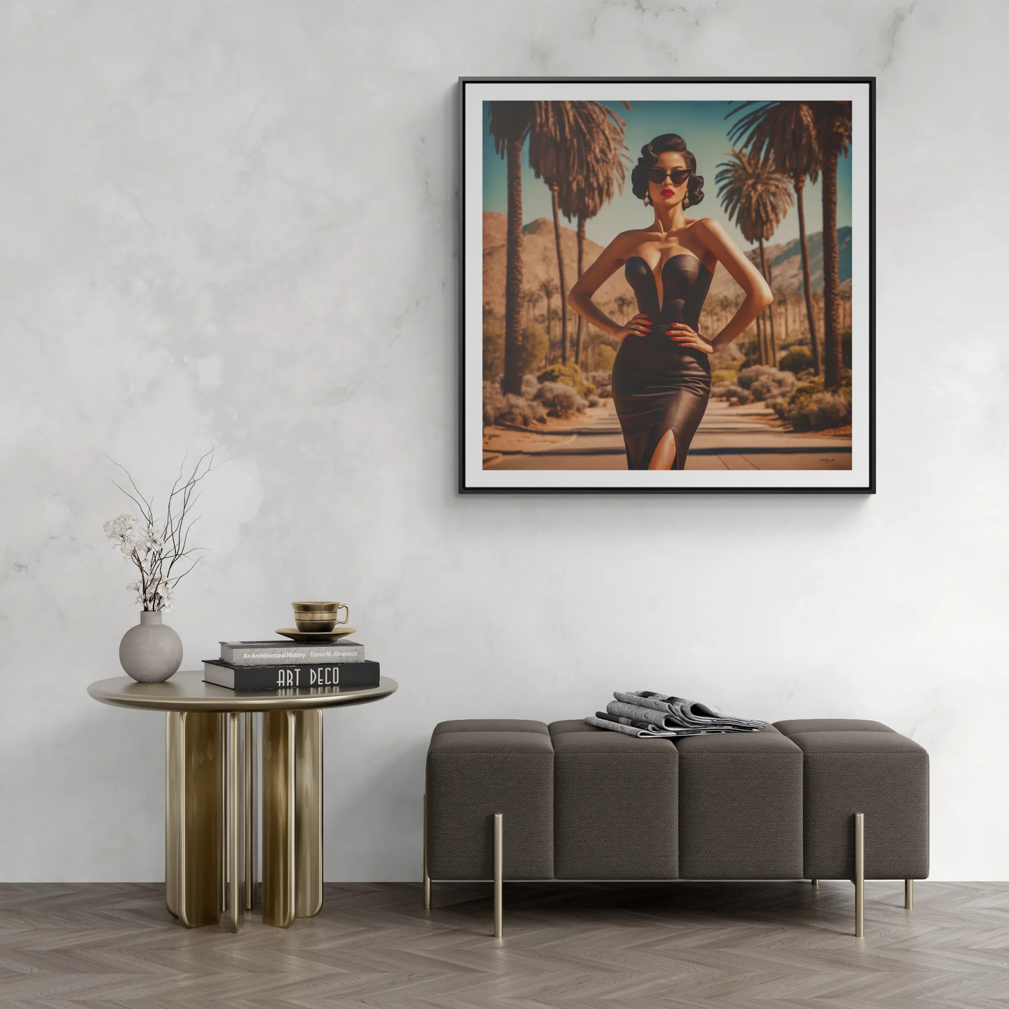 Canvas Wall Art, Glamorous Retro Woman in Palm Springs Square Frame, Fashion Glam Home Decor, Wall Hanging, Gift for Her, Home Office Decor, - LOLA VEGAS ART