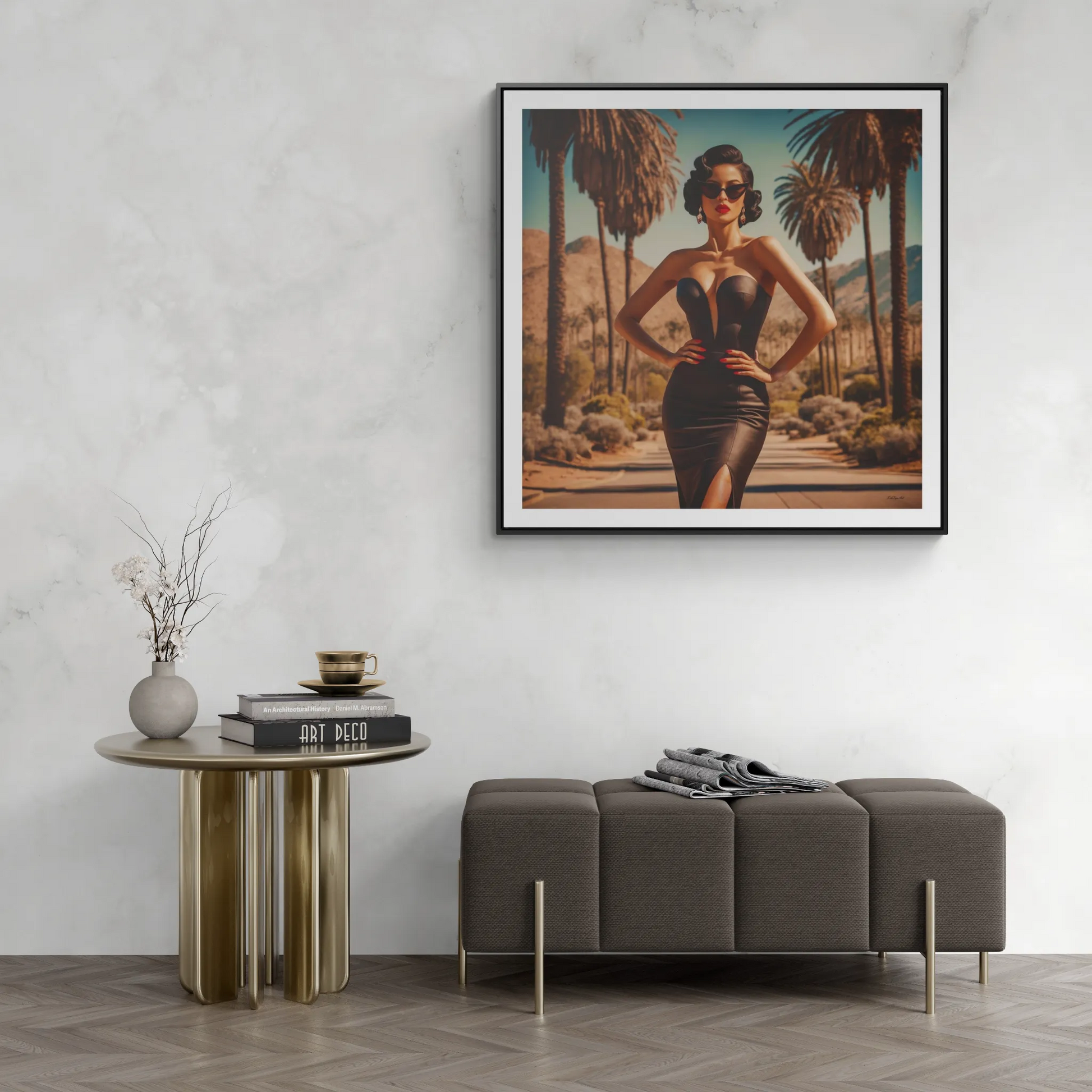 Canvas Wall Art, Glamorous Retro Woman in Palm Springs Square Frame, Fashion Glam Home Decor, Wall Hanging, Gift for Her, Home Office Decor, - LOLA VEGAS ART