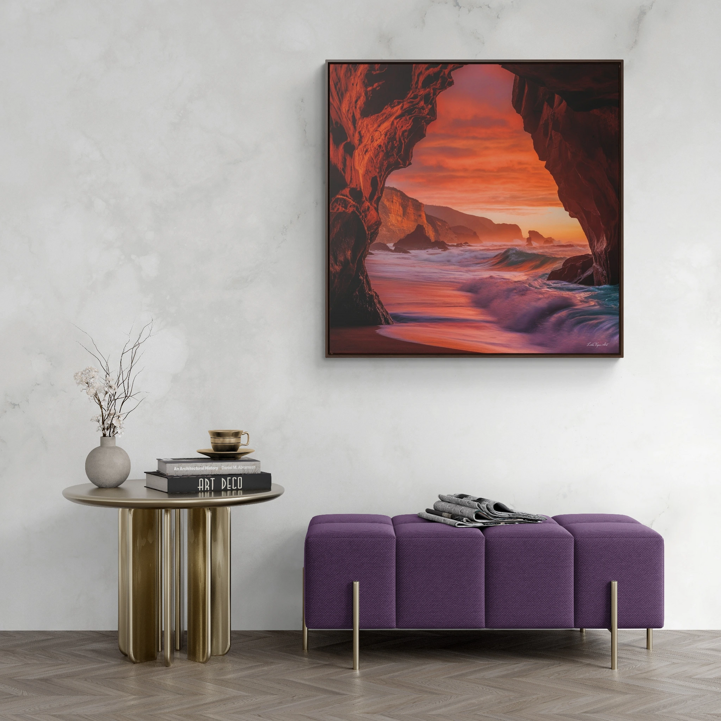 Ocean Beach Sunset Square Framed Canvas Wall Art, Coastal Gallery Canvas Wraps, Square Frame Decor, Beach Cave View Art Print Gift, Home - LOLA VEGAS ART