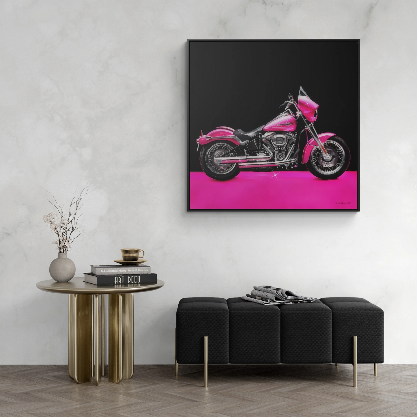 Square Framed Canvas Wall Art, Hot Pink Motorcycle Bling Glamorous Fashionista Decor, Gallery Canvas Wraps, Square Frame, Home Wall Decor, - LOLA VEGAS ART