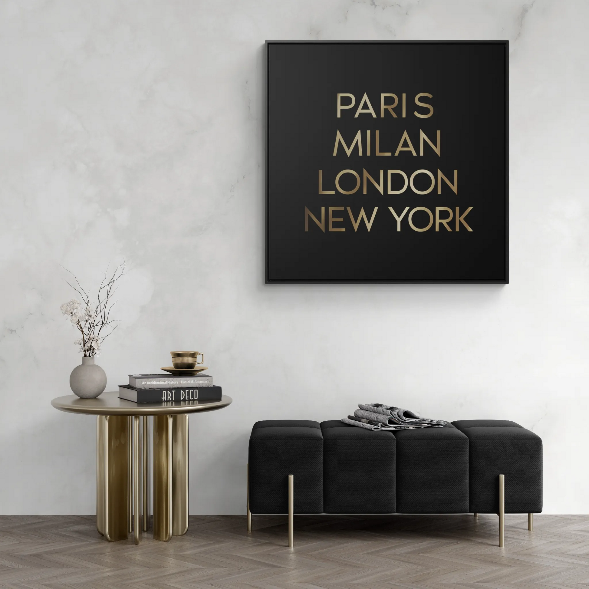 Fashion Cities Gallery Canvas Wall Art, Black Typography Square Frame, Paris Milan London New York, Home Decor - LOLA VEGAS ART
