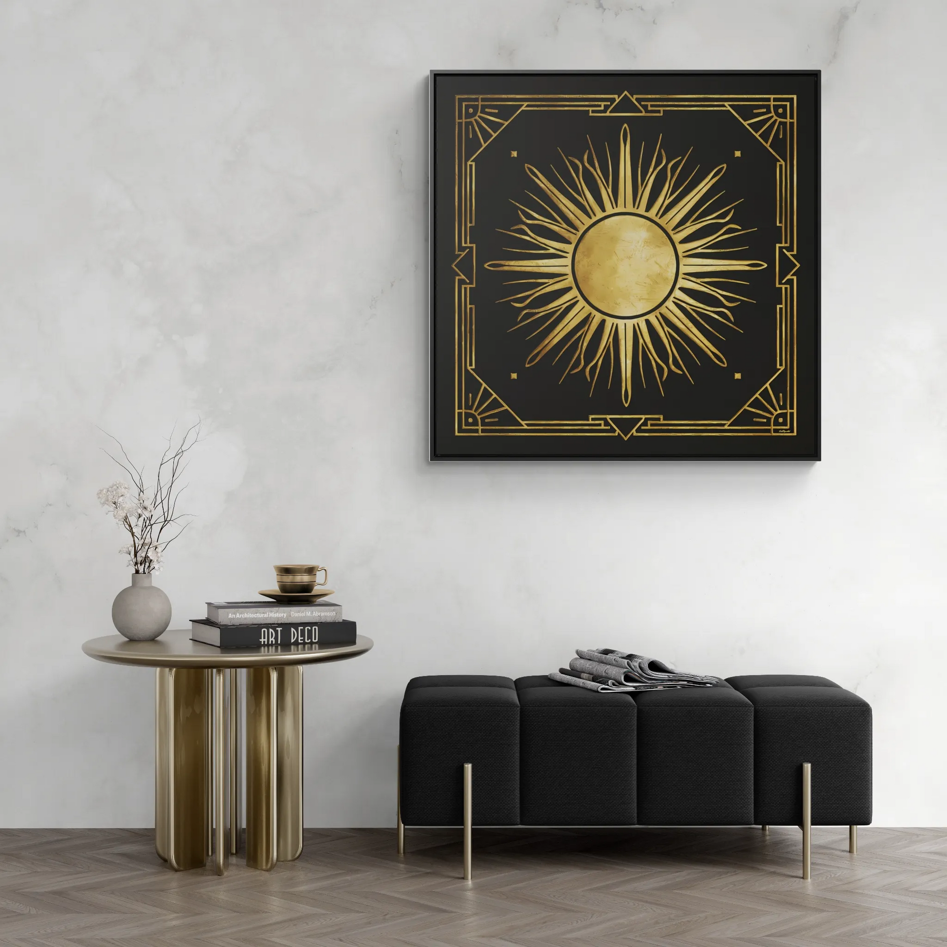 Canvas Wall Art, Black and Distressed Gold Art Deco Sun Square, Framed Decor, Dramatic Retro Style, Home Decoration, Square Frame - LOLA VEGAS ART