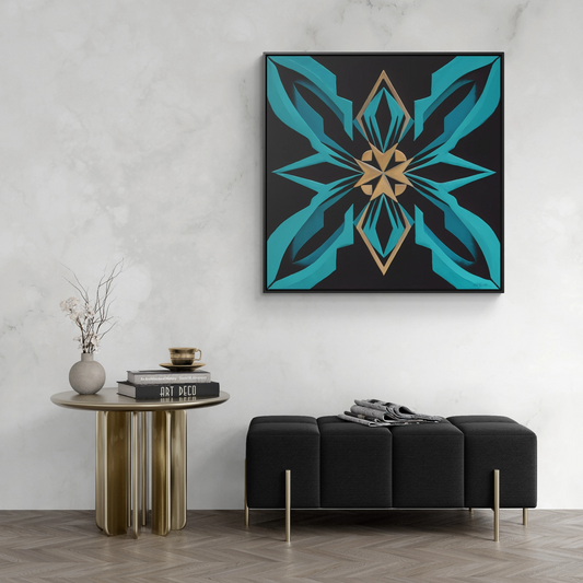 Art Deco Square Canvas Wall Art, Gallery Canvas Wraps, Turquoise and Gold Home Decor, Black Canvas Frame, Modern Wall Hanging, Office Decor, - LOLA VEGAS ART