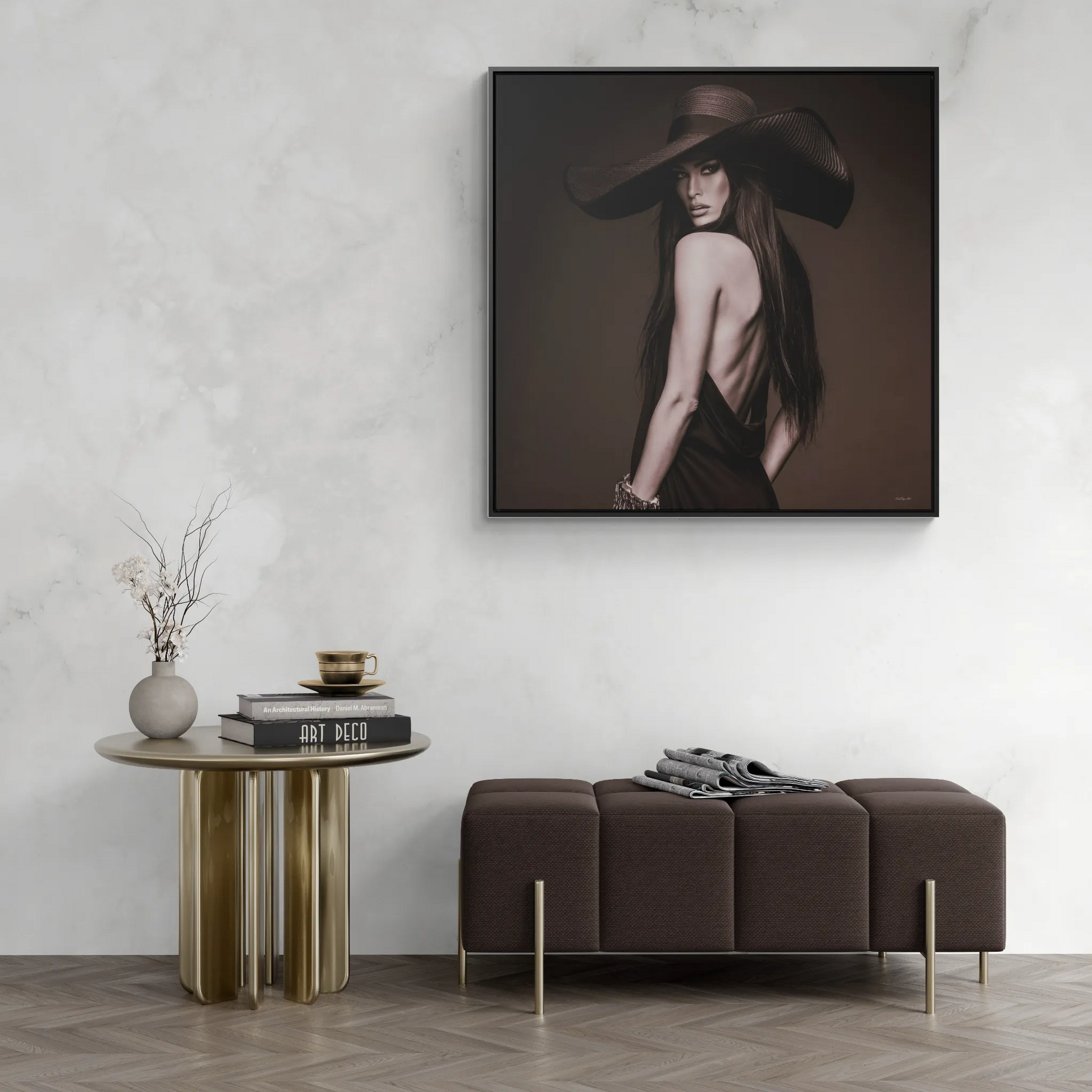 Canvas Wall Art, Sepia Tone Woman with Large Hat, Fashion Photography Decor, Moody Glam Home Decoration, Square Frame Print, Gallery Canvas - LOLA VEGAS ART