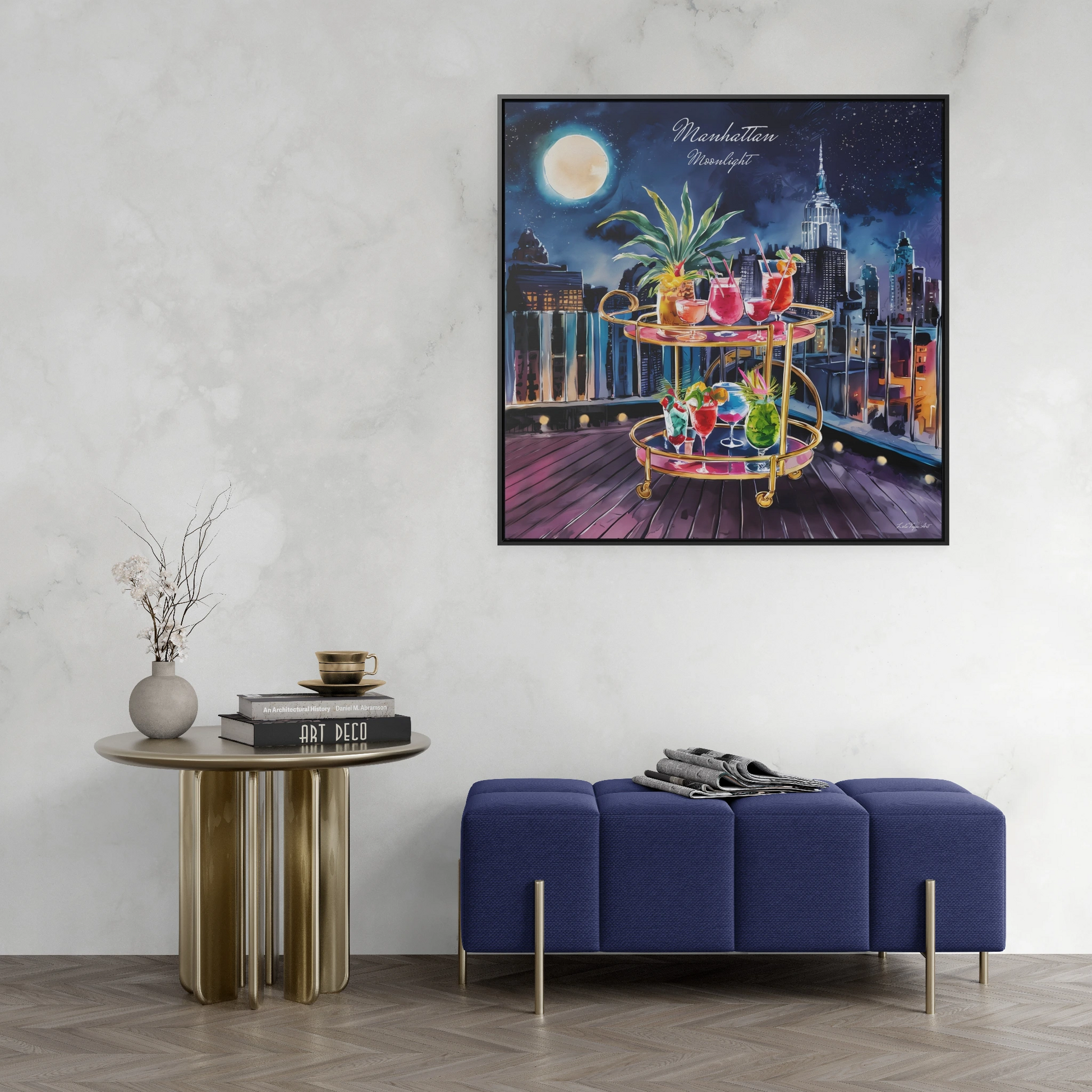 Square Canvas Prints, Rooftop Manhattan Cityscape Wall Art, Bar Cart and Cocktails at Night, Full Moon, Gallery Wrap, Square Frame, Home - LOLA VEGAS ART