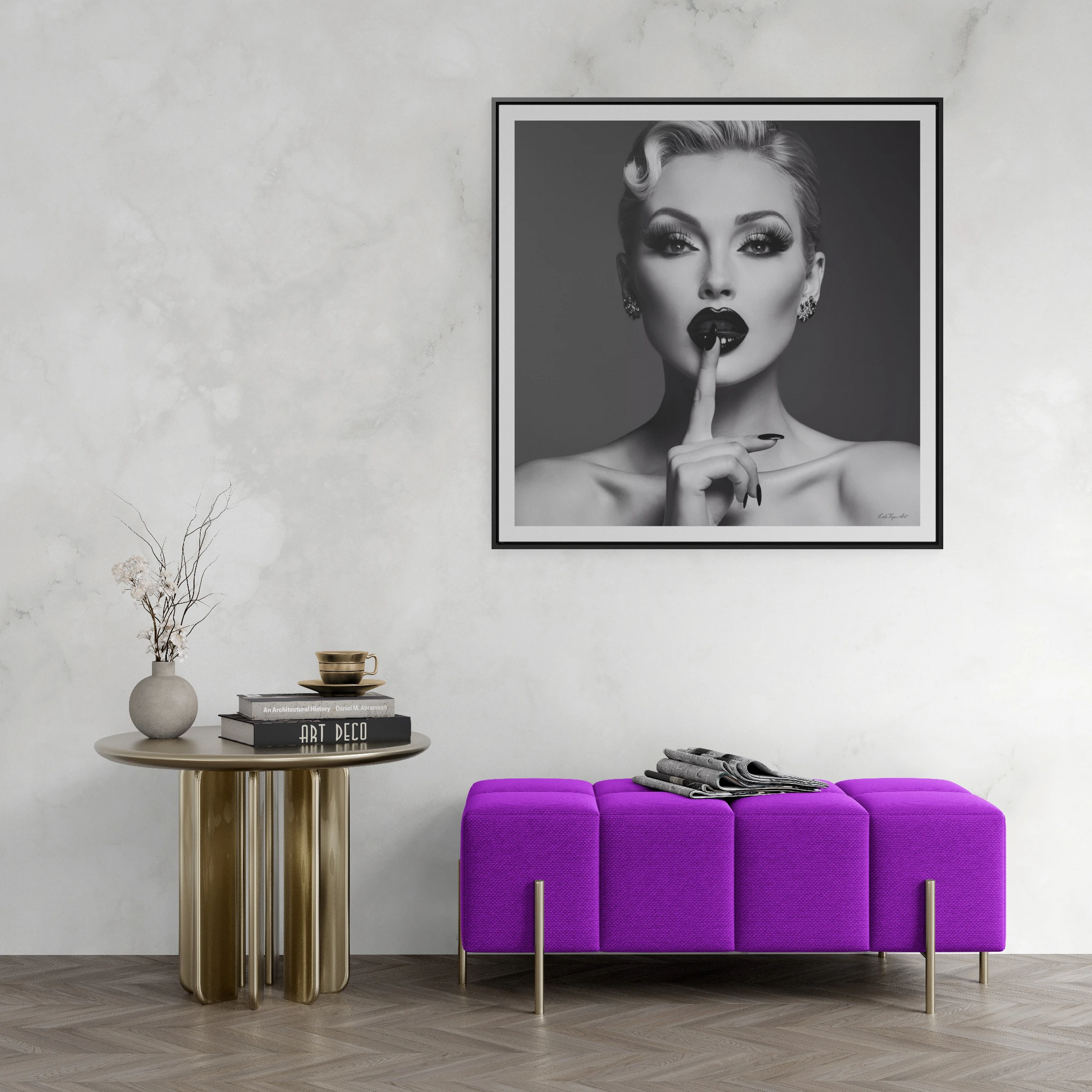 Square Frame Canvas Wall Art, Black & White Glamorous Woman Be Quiet Portrait, Fine Art Photography, Gallery Canvas Wraps, Home Decor, Wall - LOLA VEGAS ART