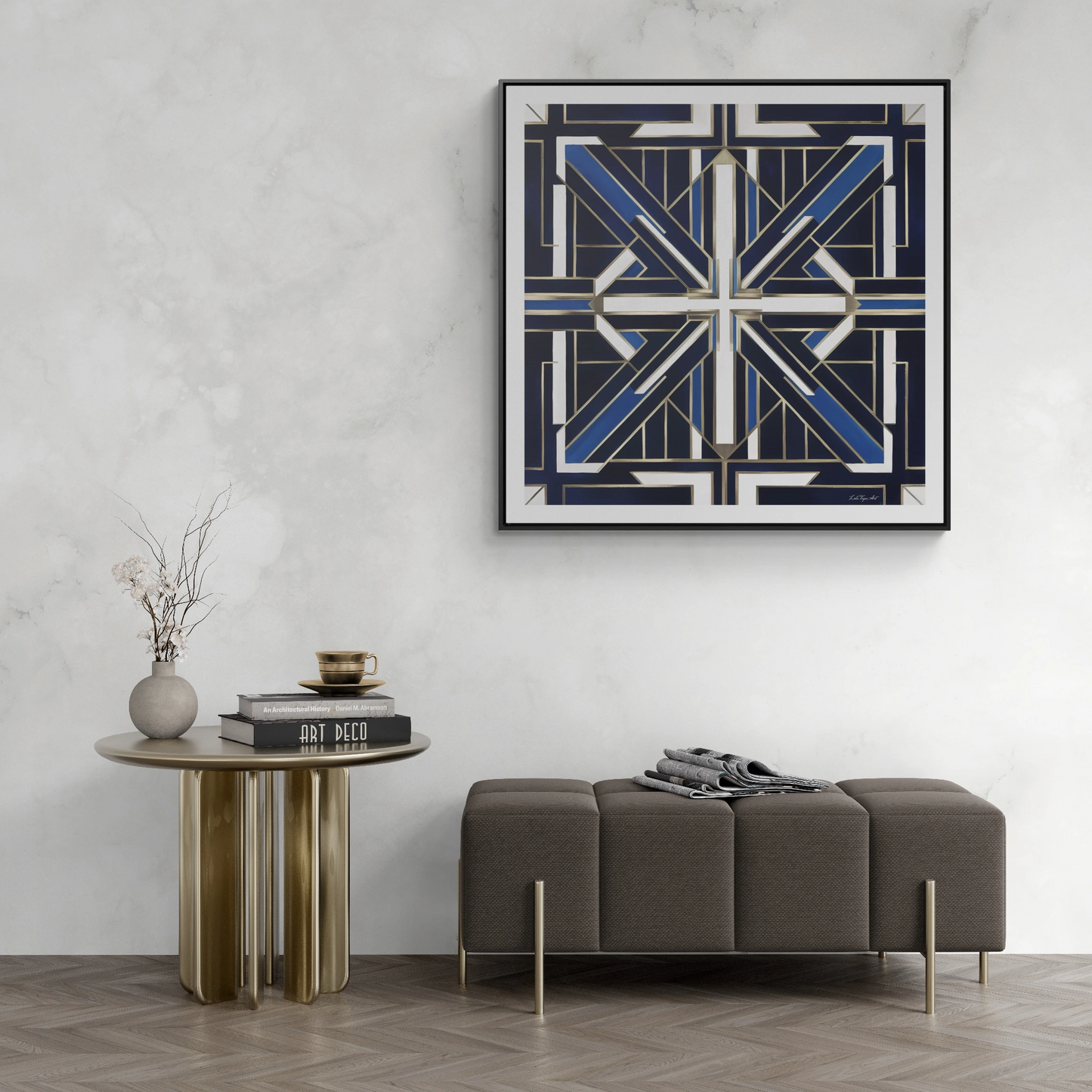 Art Deco Square Frame Canvas Wall Art, Blue and White Gallery Canvas Wraps, Home Decor, Geometric Design, Modern Wall Hanging, Office Decor - LOLA VEGAS ART
