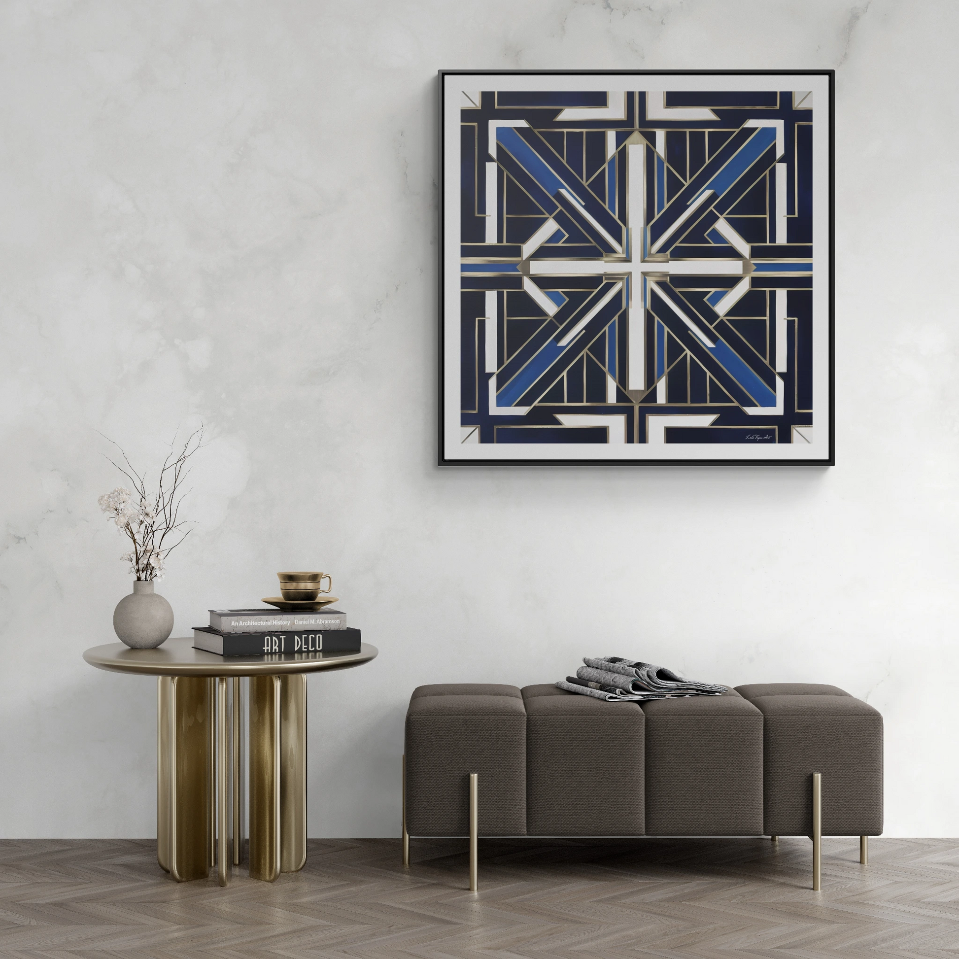 Art Deco Square Frame Canvas Wall Art, Blue and White Gallery Canvas Wraps, Home Decor, Geometric Design, Modern Wall Hanging, Office Decor - LOLA VEGAS ART