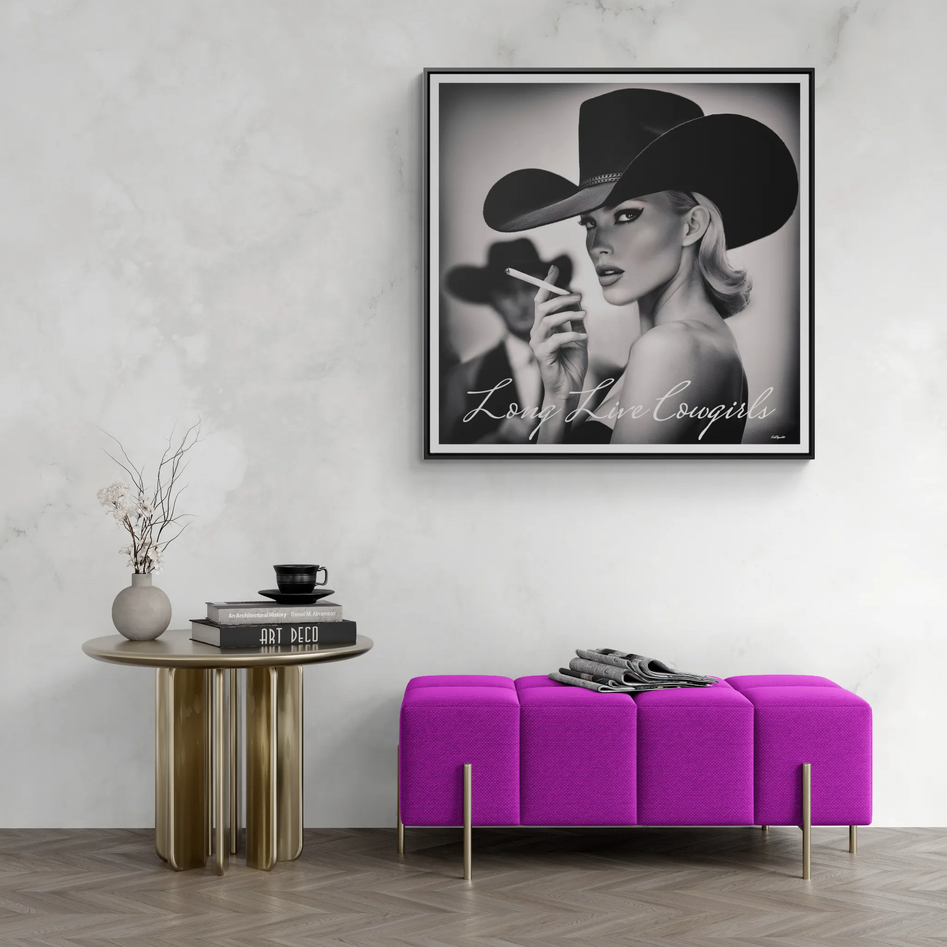 Square Frame Wall Art, Fashion Photography, Cowgirl Decor, Gallery Canvas Wraps, Glam Girl Gift, Black and White Photo Print - LOLA VEGAS ART