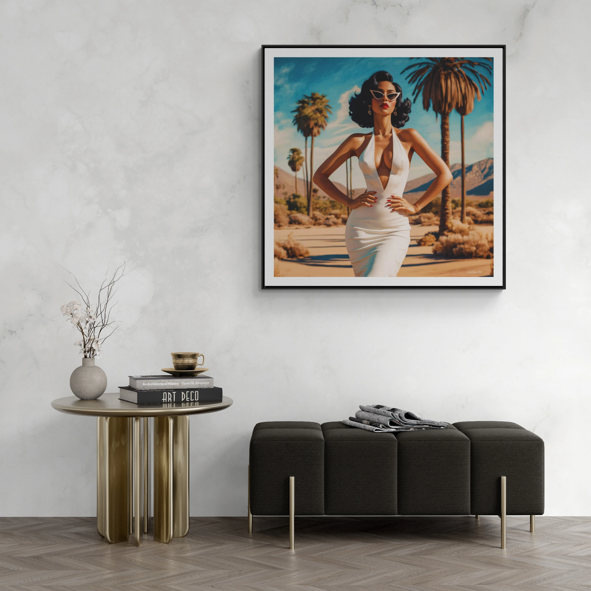 Square Frame Canvas Wall Art, Retro Glamorous Woman in Palm Springs Desert, Square Frame Wall Decor, Gallery Canvas Wraps, Palm Trees Art - LOLA VEGAS ART