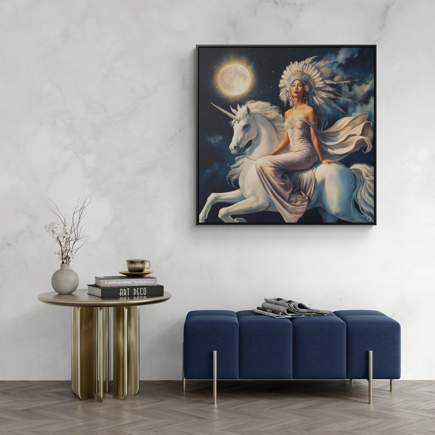 Fantasy Princess Unicorn Square Canvas Wall Art, Night Full Moon Square Frame, Nursery Decor, Boho Chic Gift, Home Decor - LOLA VEGAS ART