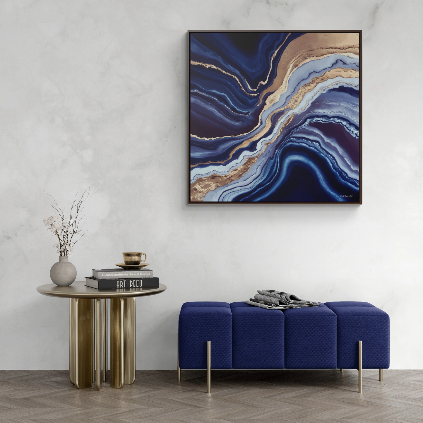 Geode Canvas Wall Art, Blue Gold White Square Frame, Decorative Gallery Wrap, Abstract Painting, Home Decor, Modern Artwork, Gift for Her - LOLA VEGAS ART