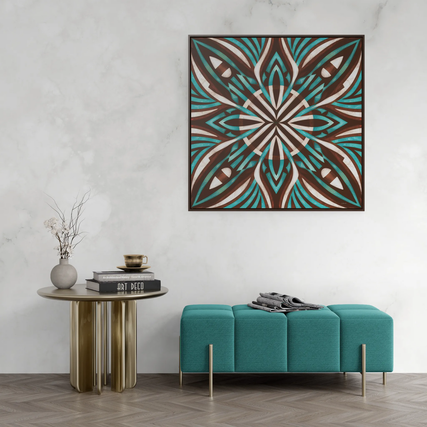 Southwestern Square Canvas Wall Art - Boho Ethnic Home Decor, Turquoise Brown White Frame, Gallery Canvas Wraps - LOLA VEGAS ART