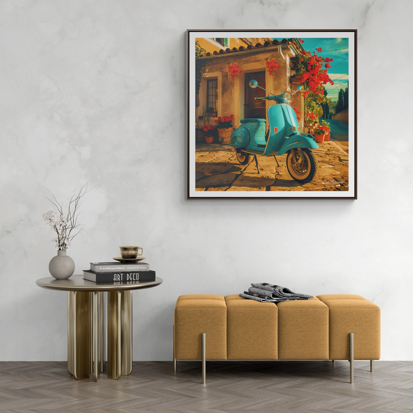 Square Frame Canvas Art, Turquoise Scooter Parked Outside Quaint Italian Village House with Red Flowers, Wall Decor, Home Decor, Summer Day - LOLA VEGAS ART