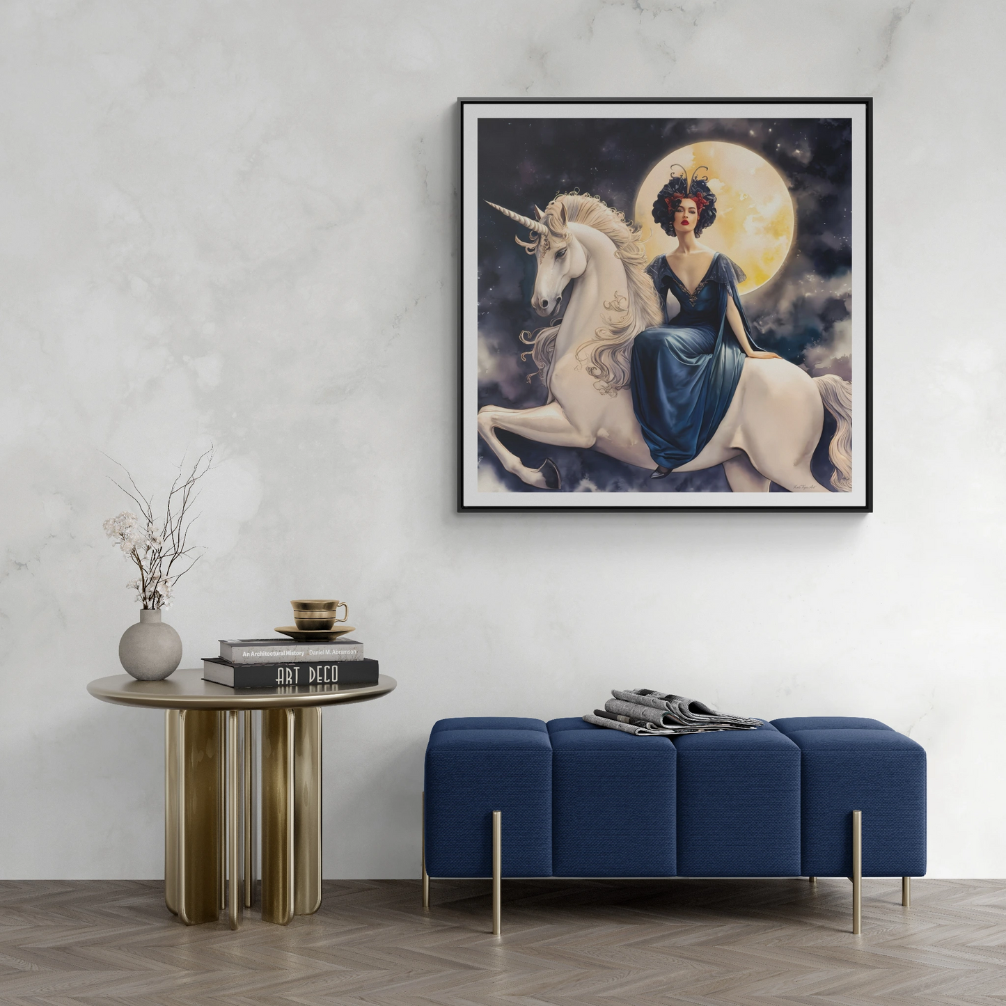 Square Framed Canvas Wall Art, Art Nouveau Style Red-Haired Woman Riding Unicorn Under Full Moon, Fantasy Decor, Magical Night, Gallery - LOLA VEGAS ART