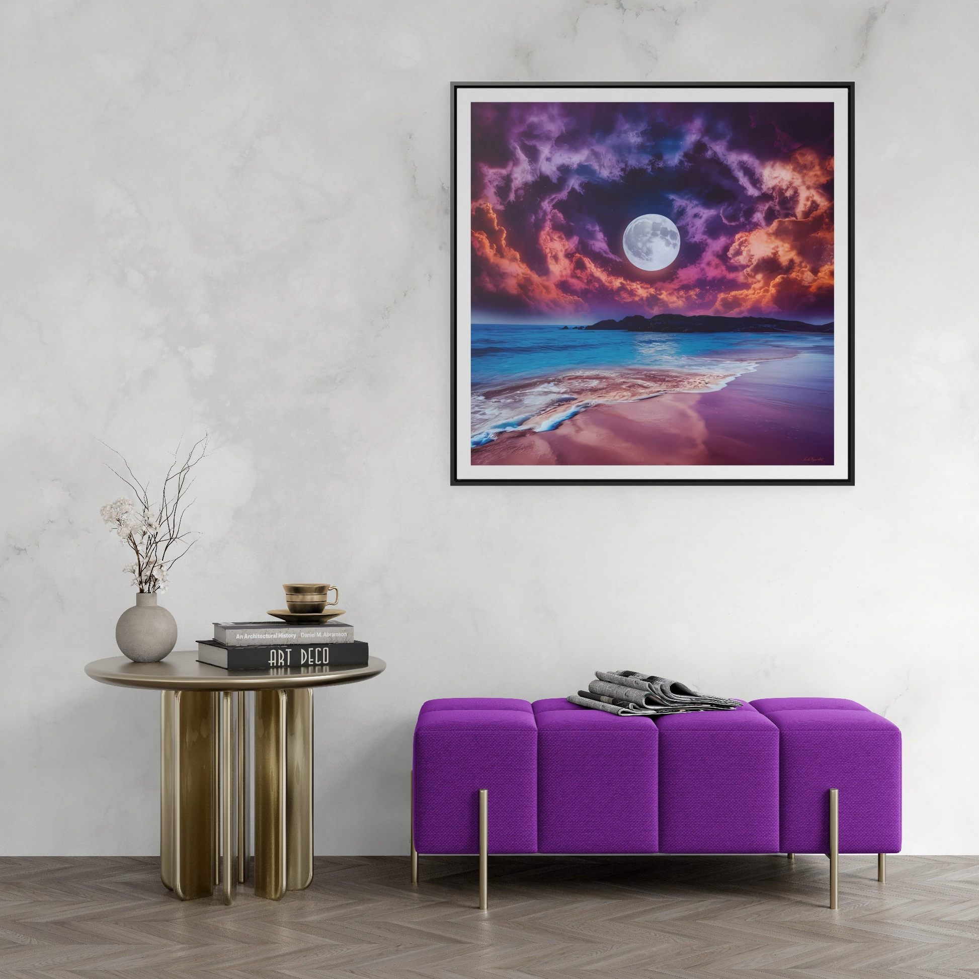 Beach Moon Square Canvas Wall Art, Ocean Night Sky Decor, Gallery Frame Print, Purple Orange Moonlight Photography, Coastal Home Gift - LOLA VEGAS ART