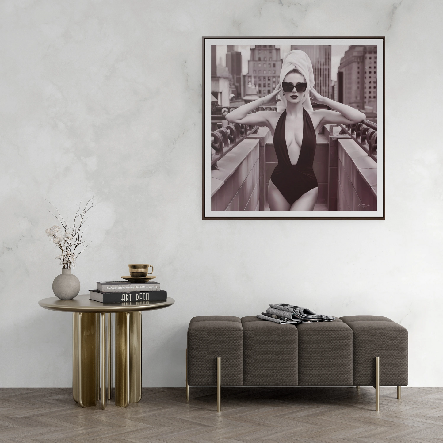 Fashion Model Sepia Art Canvas Wall Wrap, NYC Rooftop Glam Decor, Sexy Swimsuit Square Frame Art, Fashionista Wall Decor, City Chic Home - LOLA VEGAS ART