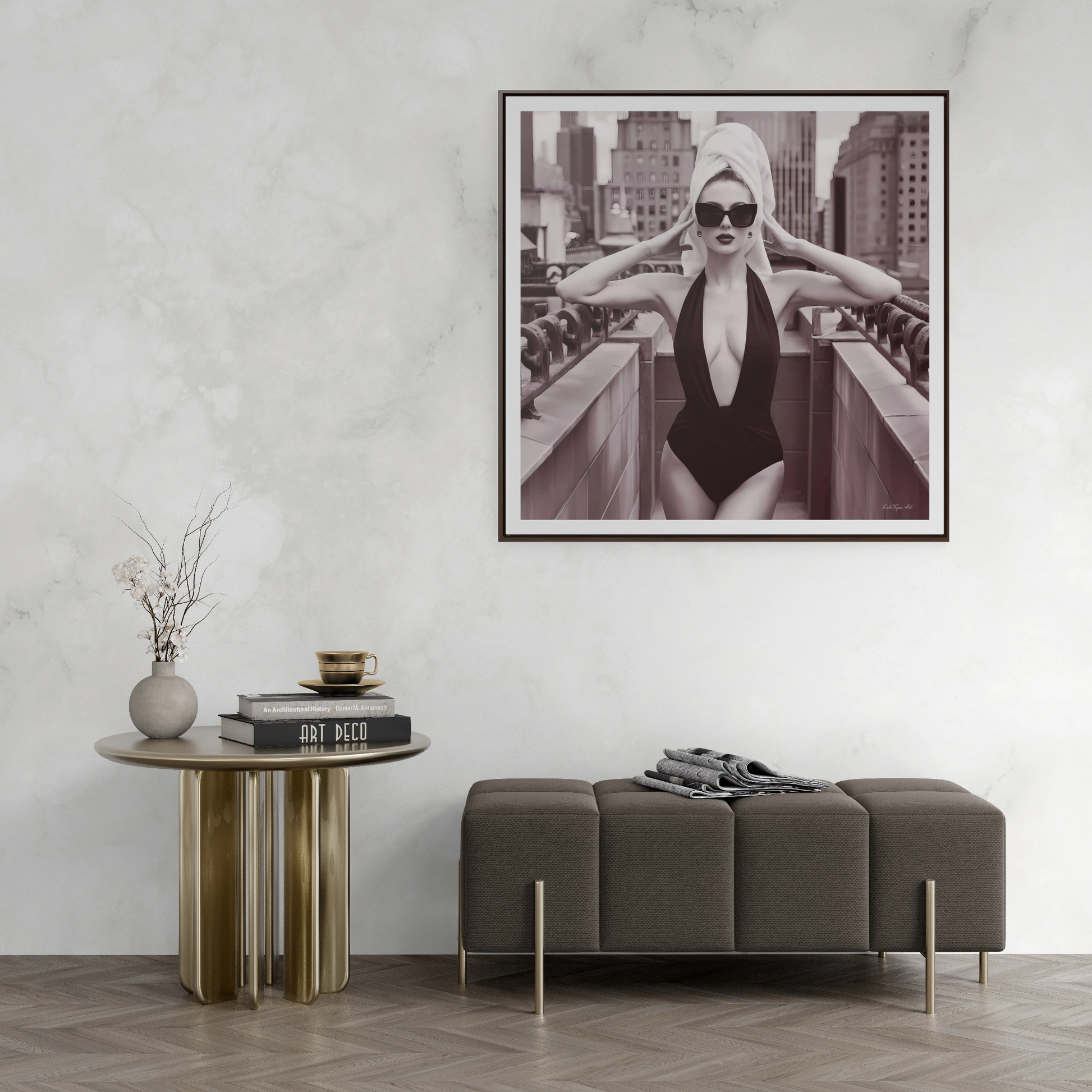 Fashion Model Sepia Art Canvas Wall Wrap, NYC Rooftop Glam Decor, Sexy Swimsuit Square Frame Art, Fashionista Wall Decor, City Chic Home - LOLA VEGAS ART