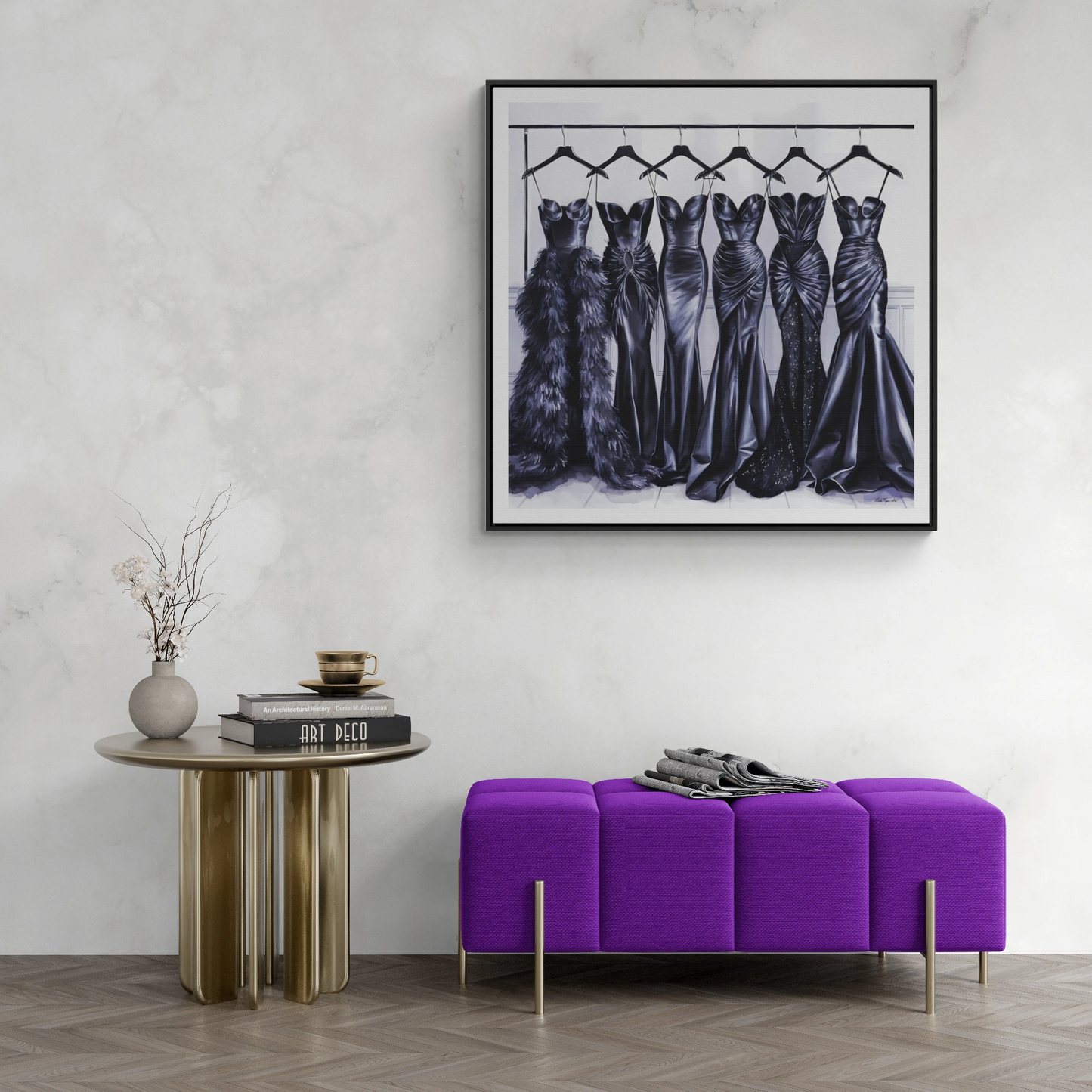 Fashion Wall Art Square Frame, Black Evening Gowns Canvas, Hollywood Regency Glam Home Decor, Gallery Canvas Wraps, Square Frame, Square - LOLA VEGAS ART