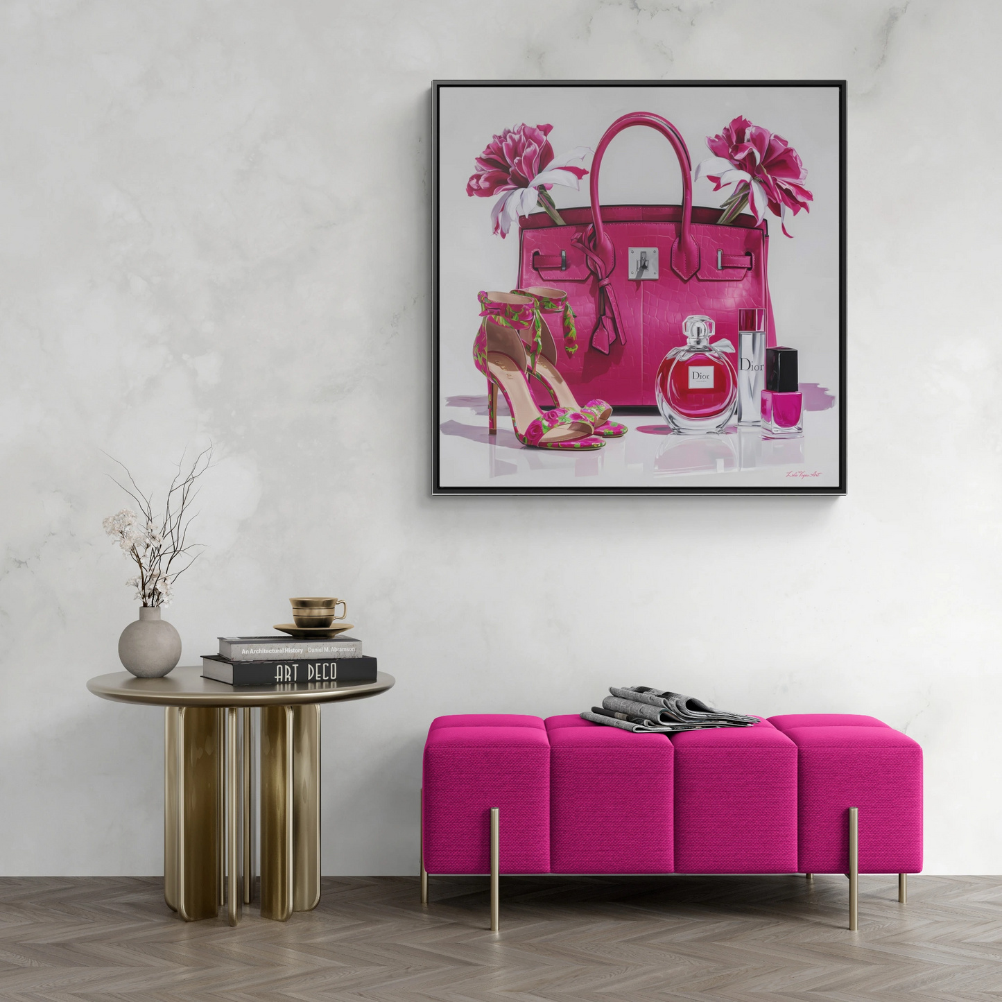 Fashion Square Canvas Wall Art, Pink Designer Handbag Heels Perfume Glam Painting, Gallery Wraps, Fashionista Room Decor, - LOLA VEGAS ART
