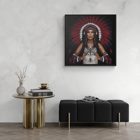 Canvas Wall Art,  Woman with White Wolf, Southwestern Home Decor, Square Framed Print, Multi-color, Burgundy Black Feather - LOLA VEGAS ART