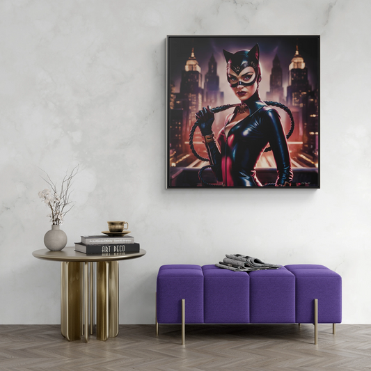 Catwoman Square Frame Canvas Wall Art, Retro Sexy Comic Villain Gallery Wrap, Gotham City Home Decor, Classic Catsuit Design, Bedroom Living - LOLA VEGAS ART