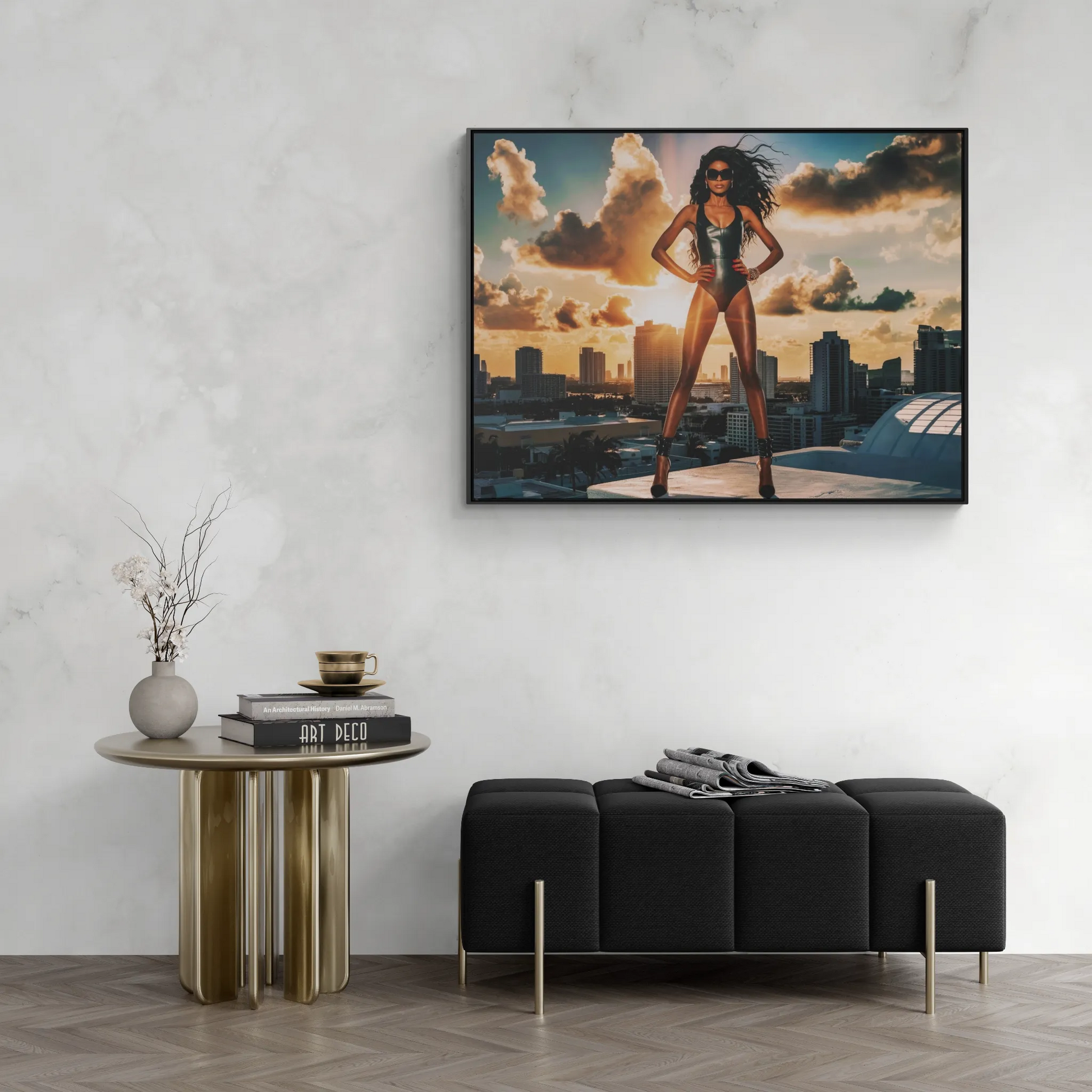 Canvas Wall Art, African American Model in Swimsuit with Miami Skyline, Fashion Decor, Horizontal Frame Home Decor, Gallery Wrap Print - LOLA VEGAS ART