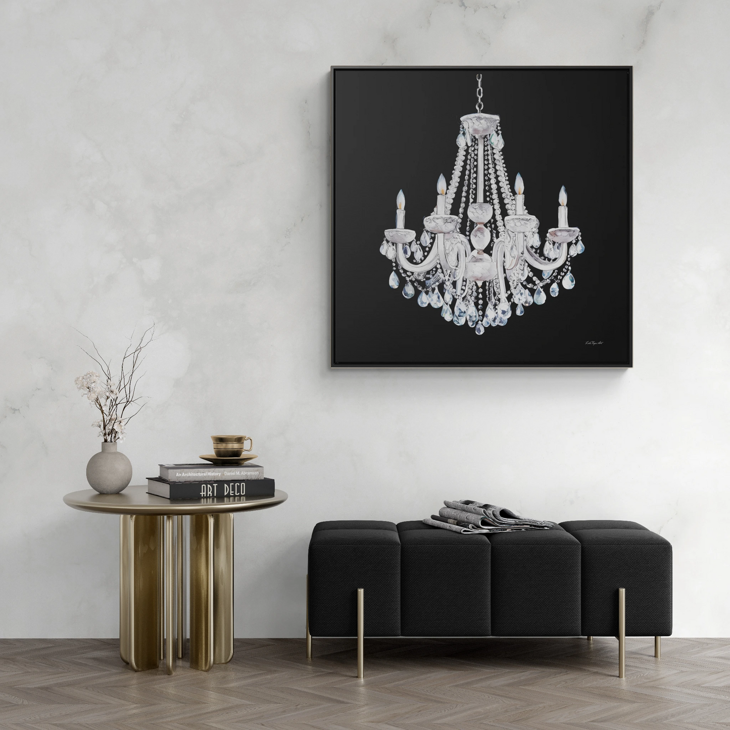 Square Frame Canvas Wall Art, Luxurious White Crystal Chandelier Painting for Fashionistas, Glamorous Wall Decor, Gallery Canvas Wraps, - LOLA VEGAS ART
