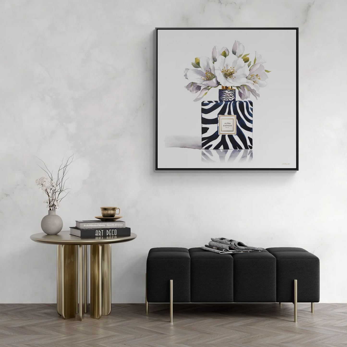 Framed Canvas Wall Art - Watercolor Zebra Perfume Bottle 'ALPHA EMPRESS' with White Flowers Print - LOLA VEGAS ART