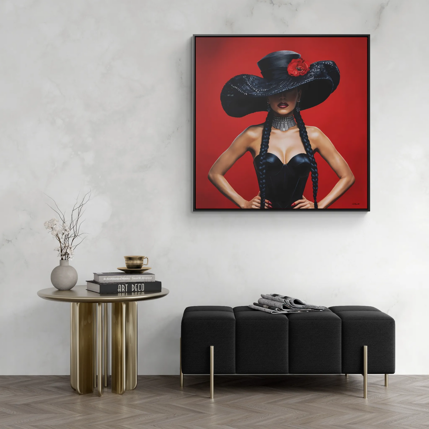 Square Canvas Wall Art, Latina Woman Black Hat Red Flower, Feminine Home Decor, Eclectic Art, Gallery Canvas Wrap, Square Frame - LOLA VEGAS ART