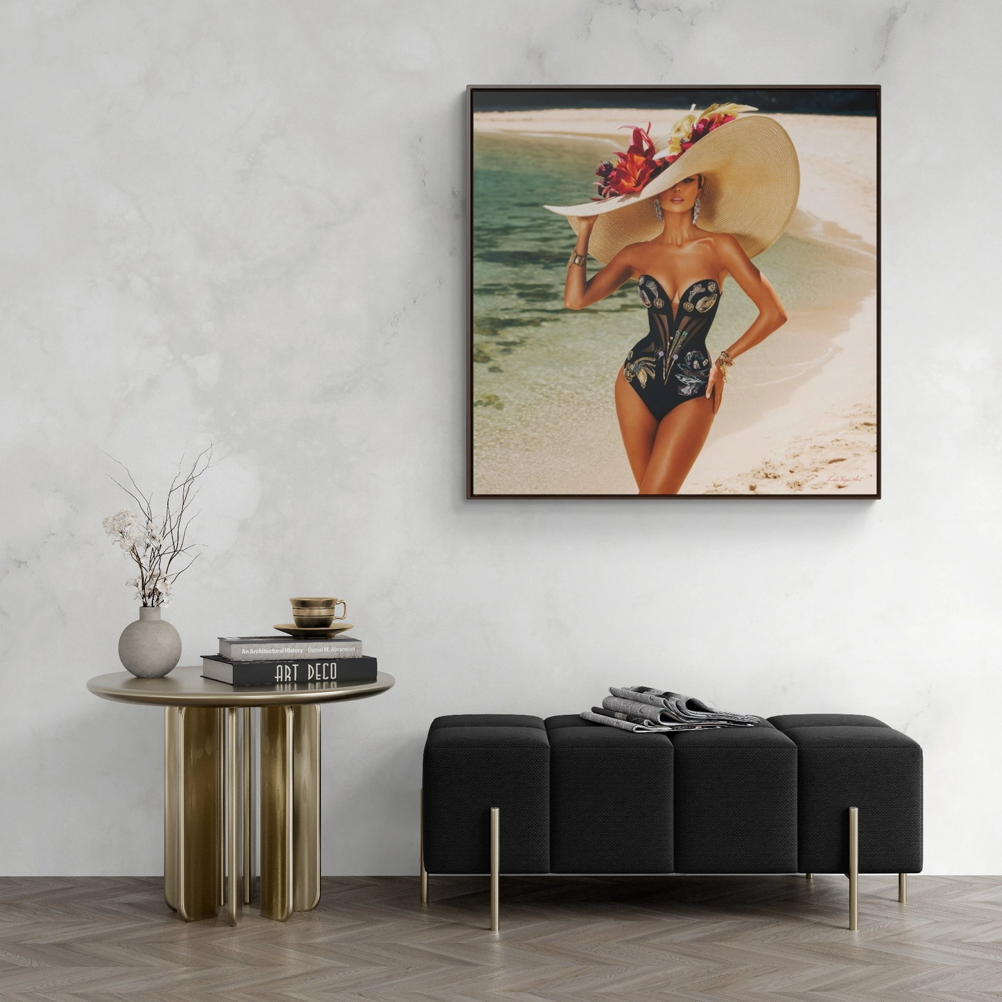 Square Frame Canvas Wall Art, Exotic Woman on Beach in Swimsuit, Retro Glamorous Decor, Gallery Prints, Sunhat Photography, Fine Art Home - LOLA VEGAS ART