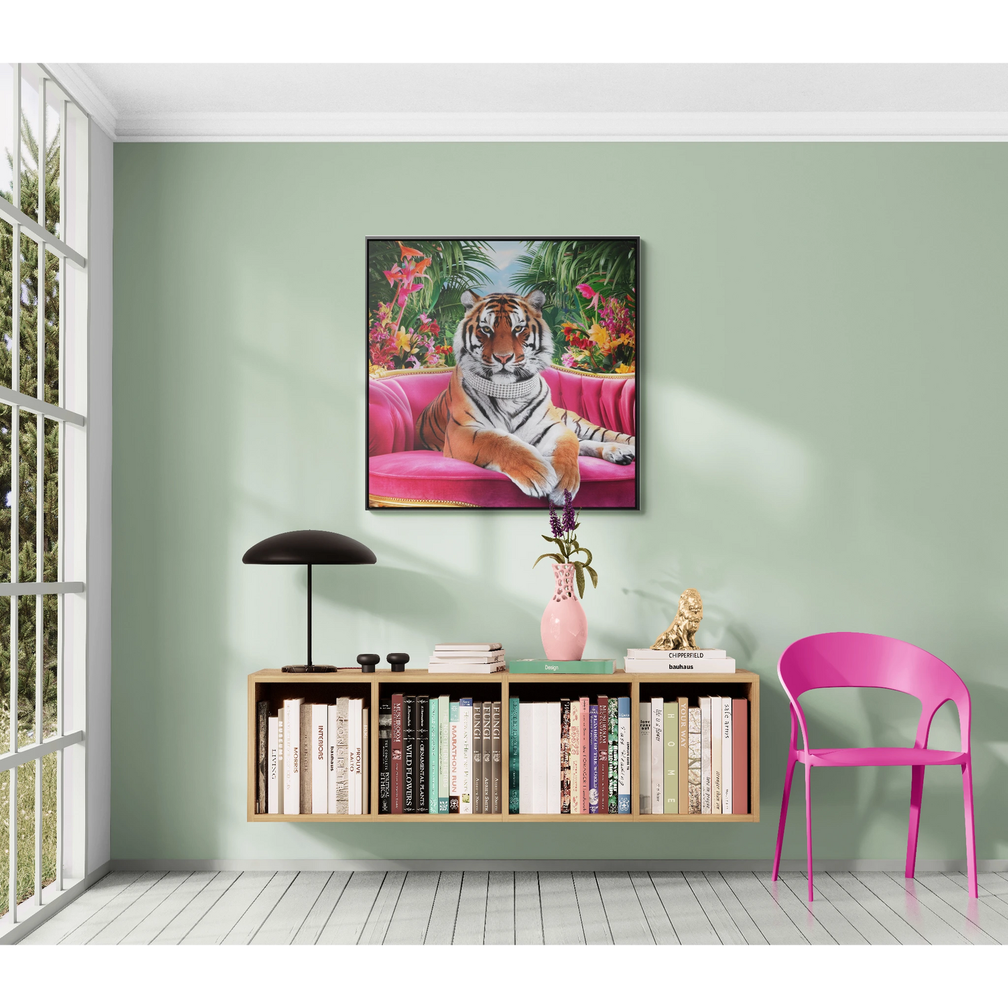 Tiger Square Canvas Wrap Wall Art, Majestic Tropical Flowers Regal Nature Home Decor, Pink Velvet Couch Animal Print, Jungle Theme Room - LOLA VEGAS ART
