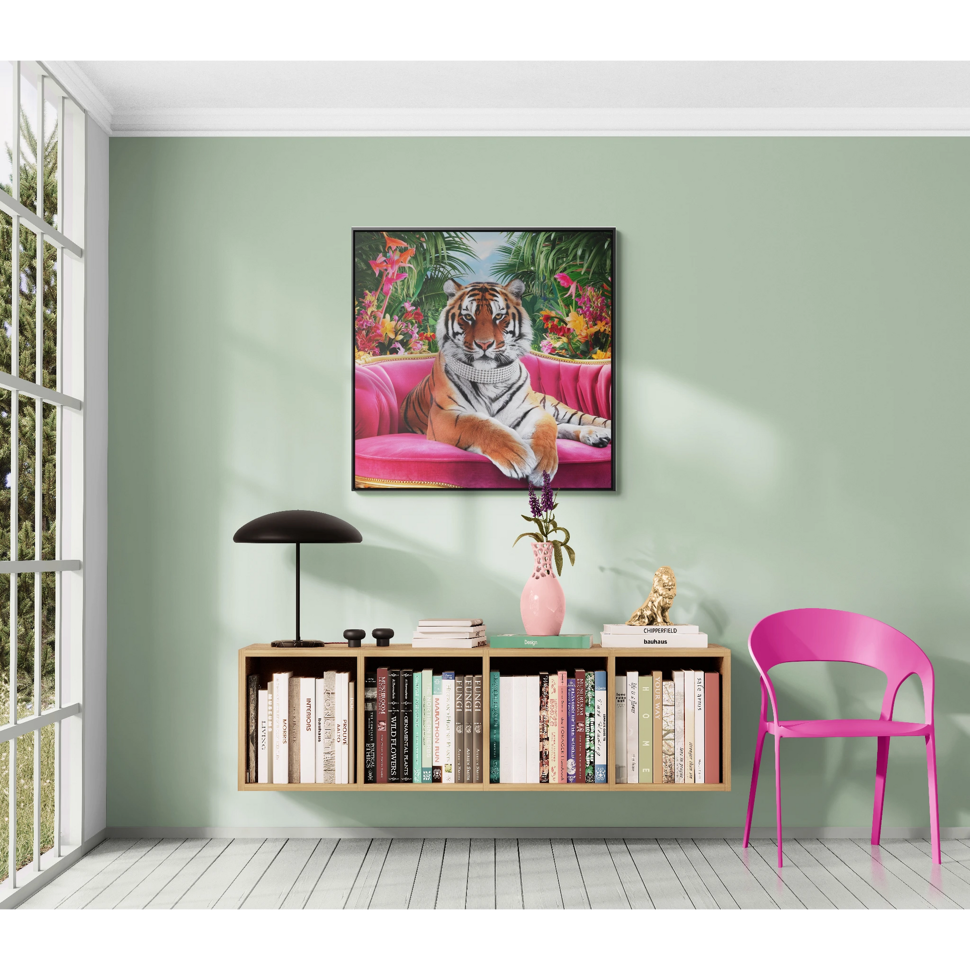 Tiger Square Canvas Wrap Wall Art, Majestic Tropical Flowers Regal Nature Home Decor, Pink Velvet Couch Animal Print, Jungle Theme Room - LOLA VEGAS ART