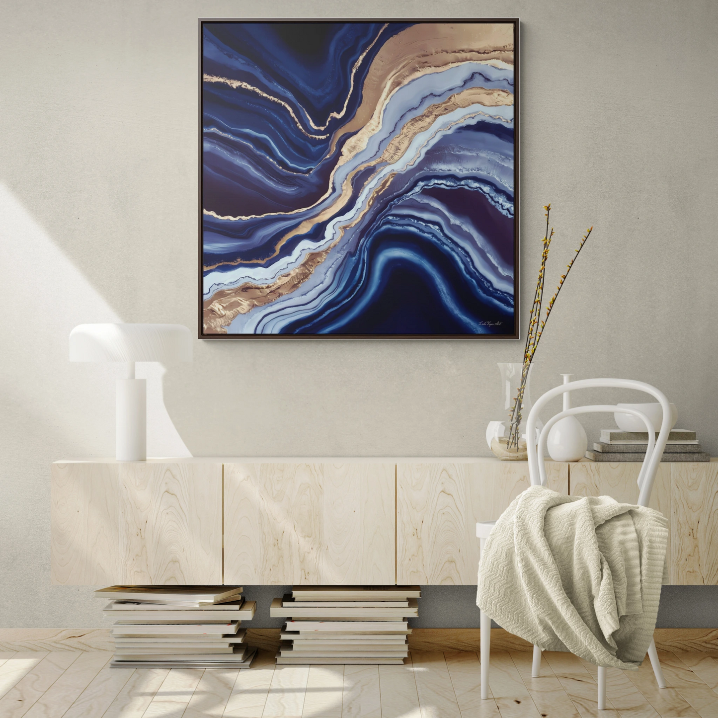 Geode Canvas Wall Art, Blue Gold White Square Frame, Decorative Gallery Wrap, Abstract Painting, Home Decor, Modern Artwork, Gift for Her - LOLA VEGAS ART