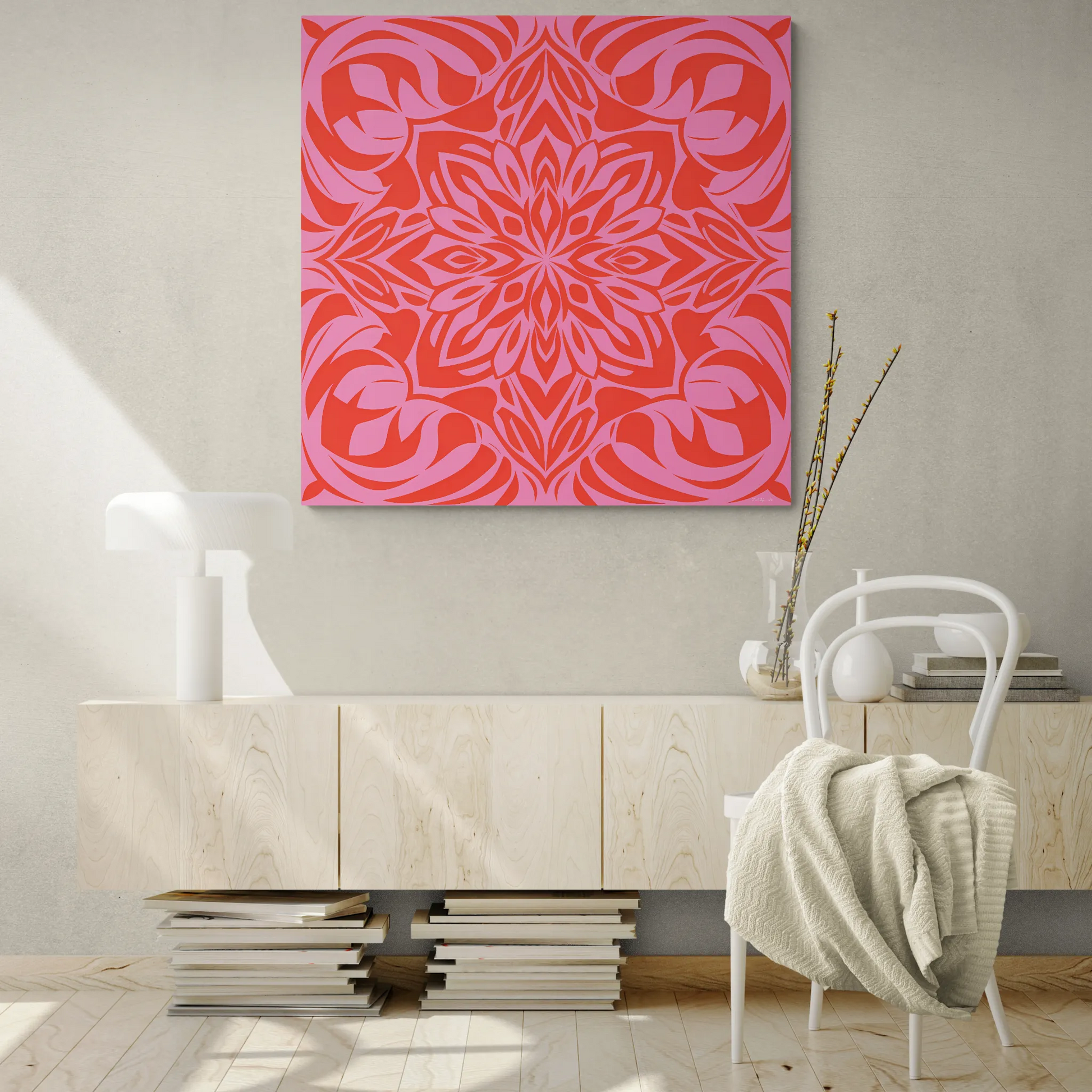 Canvas Wall Art, Pink and Orange Boho Design, Feminine Home Decor, Square, Stretched, 1 25" Matte Canvas, Bohemian Chic, Artwork Print, - LOLA VEGAS ART