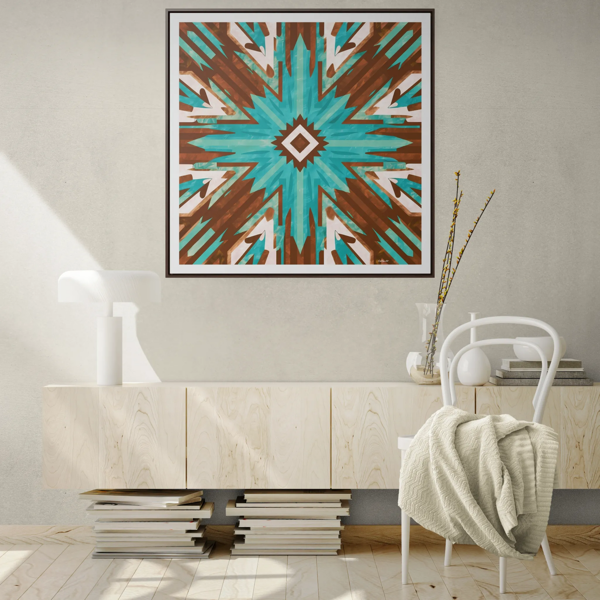 Canvas Wall Art, Turquoise and Brown Boho Southwestern Abstract Design, Ethnic Home Decor - Square Frame, , Gallery - LOLA VEGAS ART