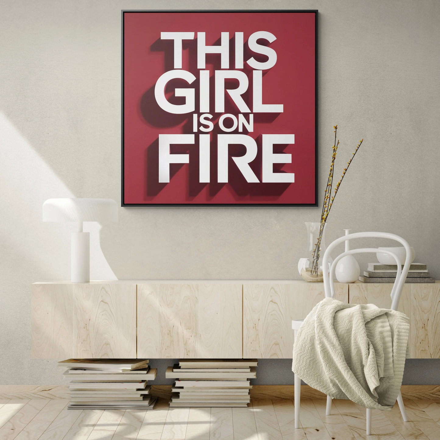 Canvas Wall Art, Female Empowerment Decor, Typography Square Frame, This Girl is on Fire, Trendy Red and White Home Decor, Gallery Wrap - LOLA VEGAS ART