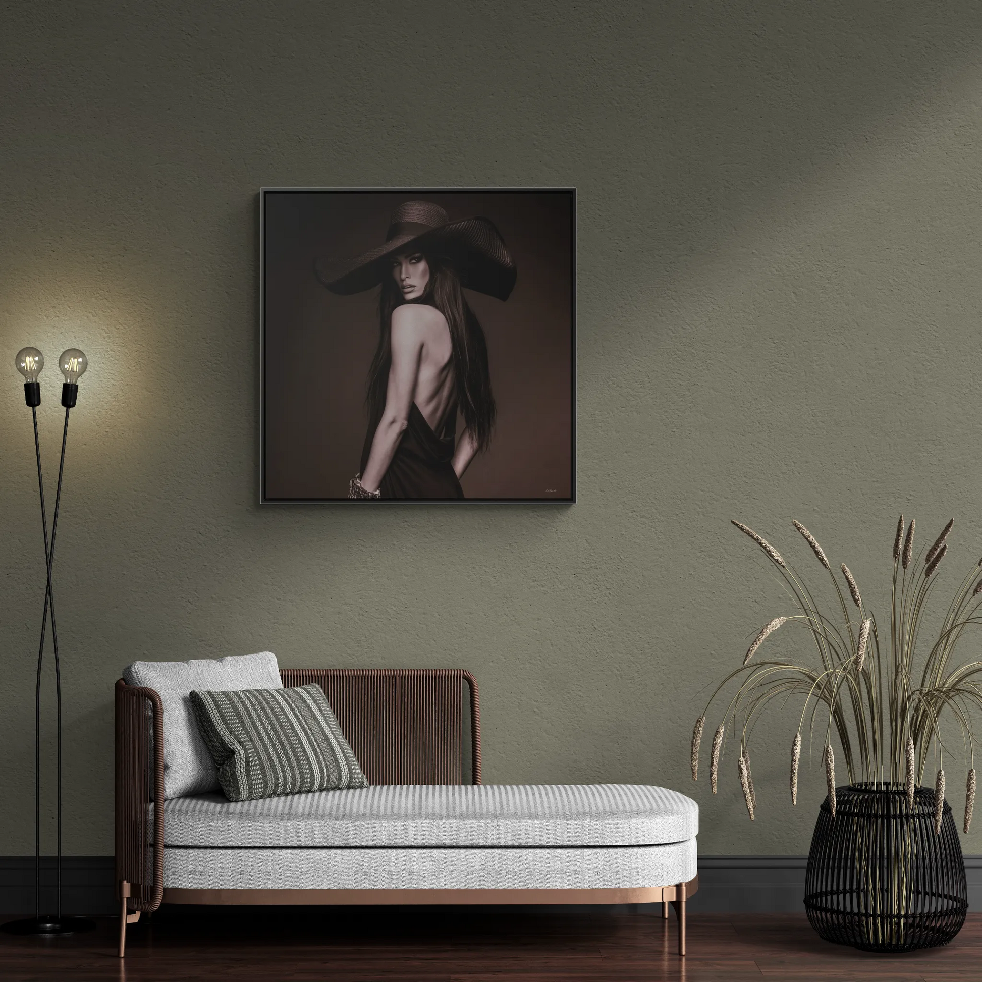 Canvas Wall Art, Sepia Tone Woman with Large Hat, Fashion Photography Decor, Moody Glam Home Decoration, Square Frame Print, Gallery Canvas - LOLA VEGAS ART