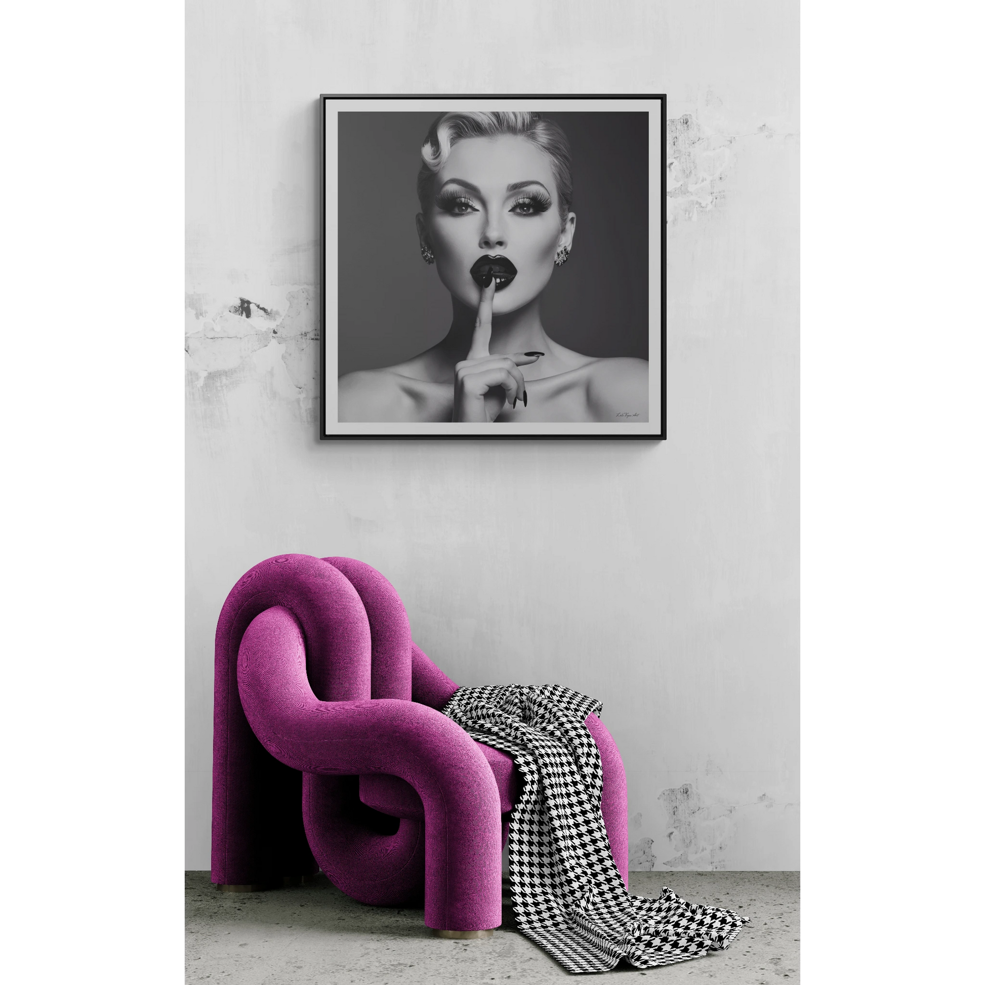 Square Frame Canvas Wall Art, Black & White Glamorous Woman Be Quiet Portrait, Fine Art Photography, Gallery Canvas Wraps, Home Decor, Wall - LOLA VEGAS ART