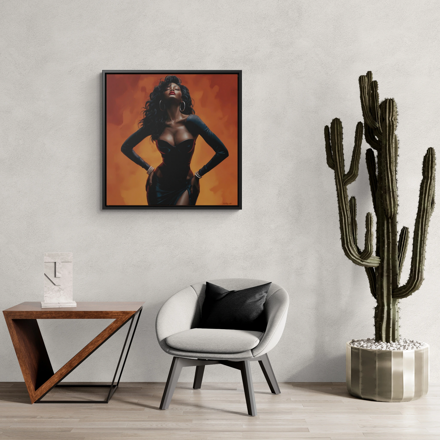 Sun Goddess Square Framed Canvas Wall Art, Orange, Black Girl Magic, African American Art Decor, Ethnic Home Decor, Sexy, Neo Soul, Feminine - LOLA VEGAS ART