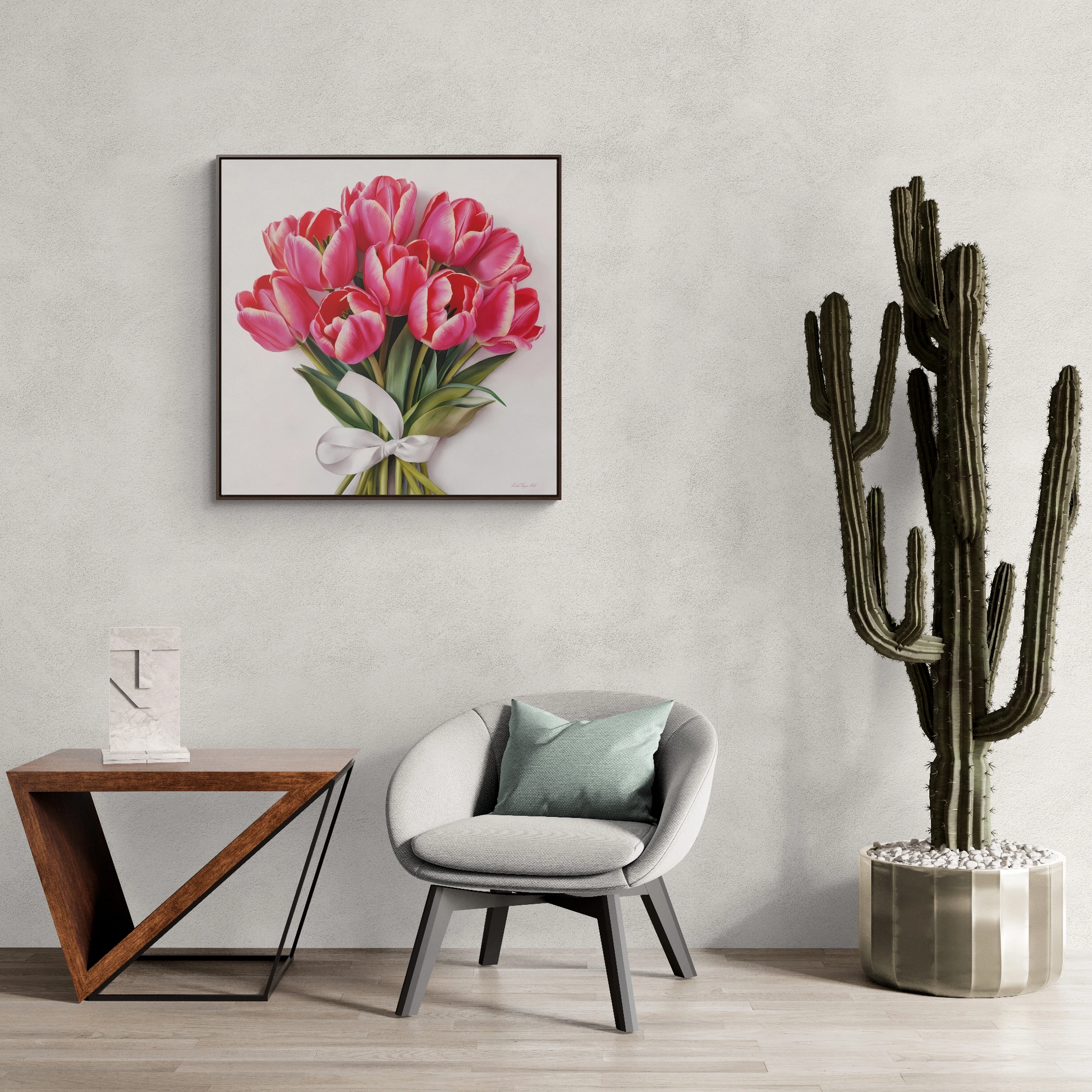 Square Frame Canvas Wall Art, Feminine Pink Tulips Bouquet Gallery Wrap, Home Decor Gift, Floral Print, Living Room Decoration - LOLA VEGAS ART