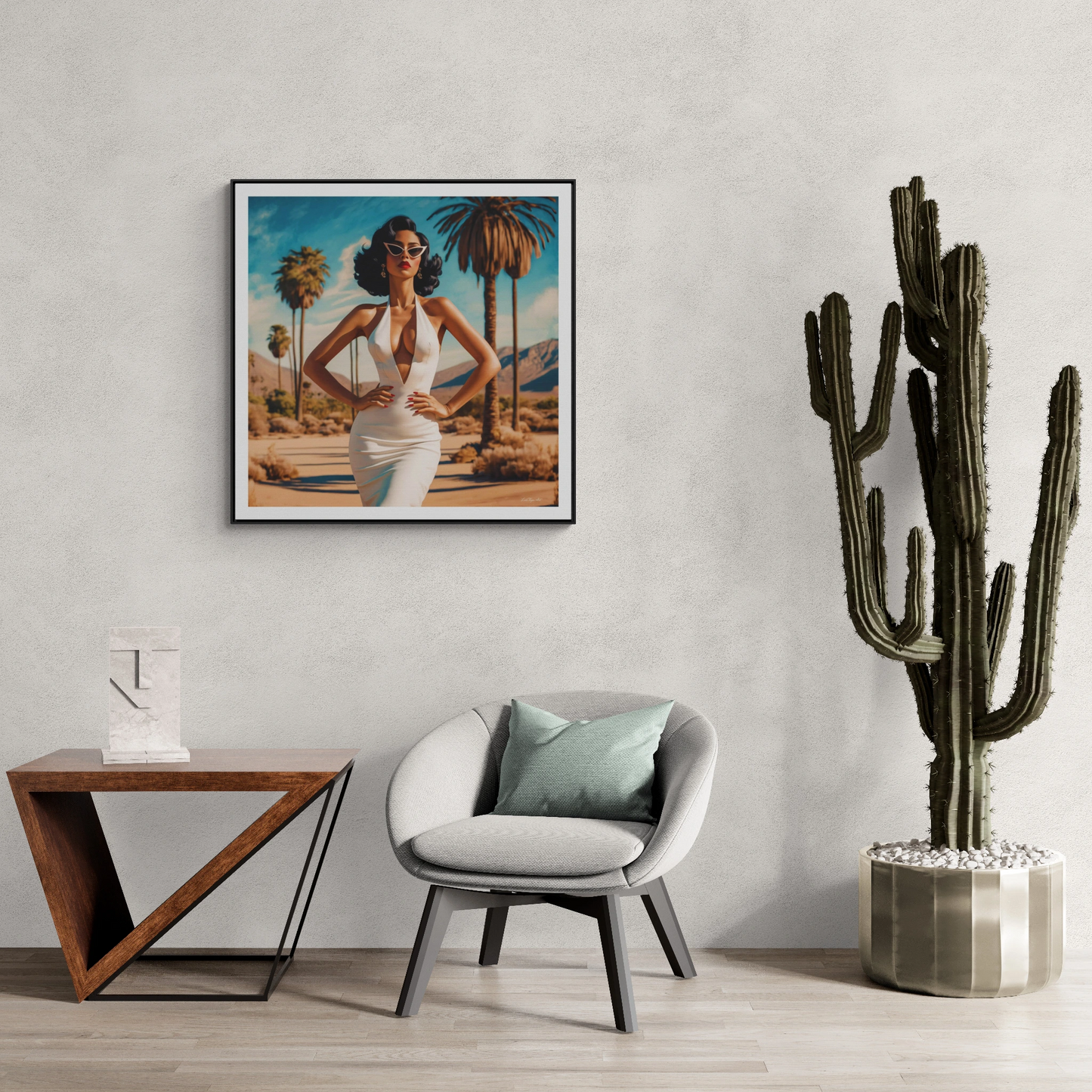 Square Frame Canvas Wall Art, Retro Glamorous Woman in Palm Springs Desert, Square Frame Wall Decor, Gallery Canvas Wraps, Palm Trees Art - LOLA VEGAS ART