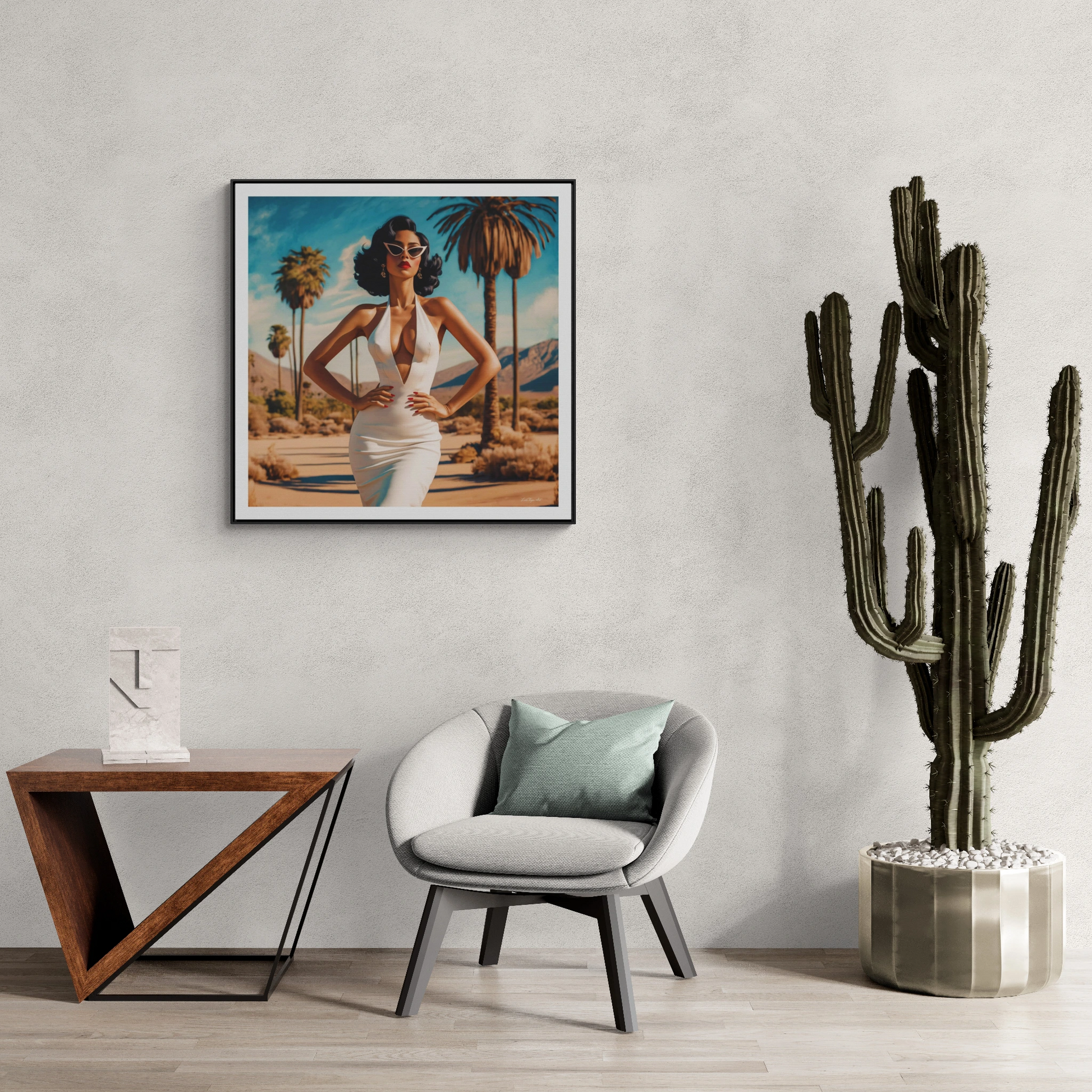 Square Frame Canvas Wall Art, Retro Glamorous Woman in Palm Springs Desert, Square Frame Wall Decor, Gallery Canvas Wraps, Palm Trees Art - LOLA VEGAS ART