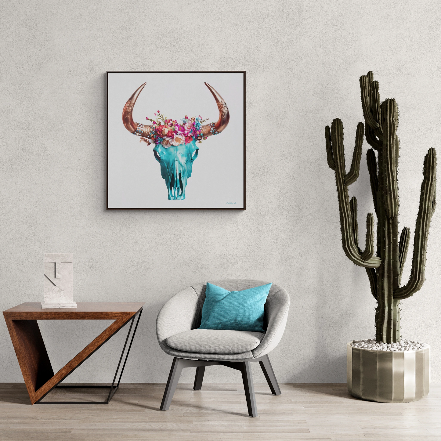 Boho Turquoise Skull Head Square Frame Gallery Canvas Wrap Wall Art, Eclectic N Chic, Hippie Floral Horns Decor, Southwest - LOLA VEGAS ART