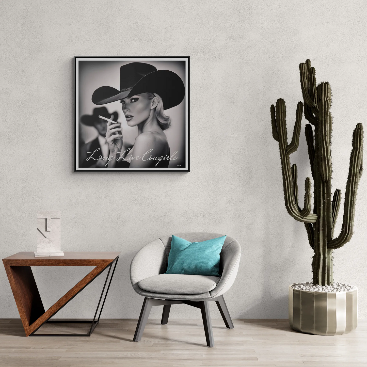 Square Frame Wall Art, Fashion Photography, Cowgirl Decor, Gallery Canvas Wraps, Glam Girl Gift, Black and White Photo Print - LOLA VEGAS ART