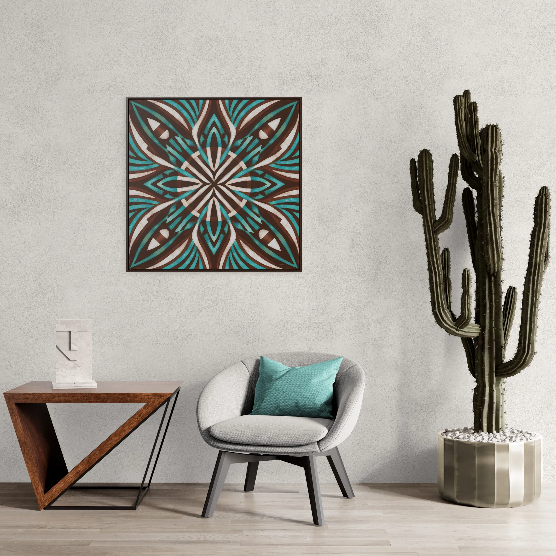 Southwestern Square Canvas Wall Art - Boho Ethnic Home Decor, Turquoise Brown White Frame, Gallery Canvas Wraps - LOLA VEGAS ART