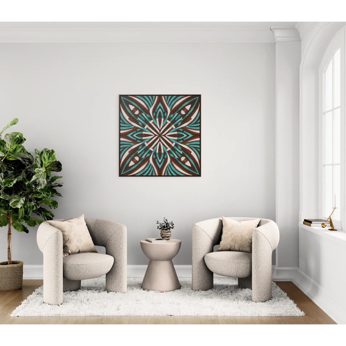 Southwestern Square Canvas Wall Art - Boho Ethnic Home Decor, Turquoise Brown White Frame, Gallery Canvas Wraps - LOLA VEGAS ART