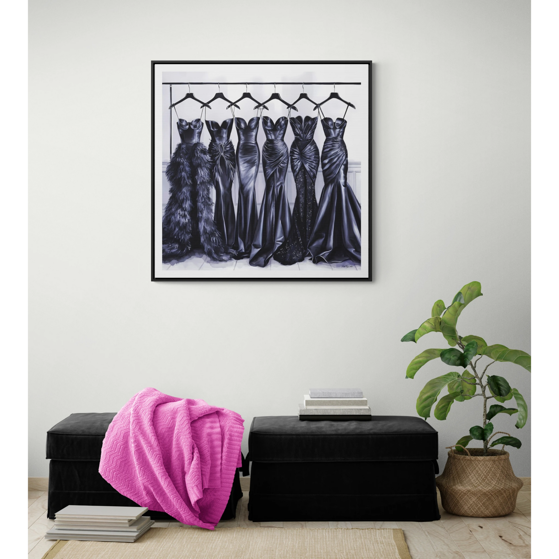 Fashion Wall Art Square Frame, Black Evening Gowns Canvas, Hollywood Regency Glam Home Decor, Gallery Canvas Wraps, Square Frame, Square - LOLA VEGAS ART