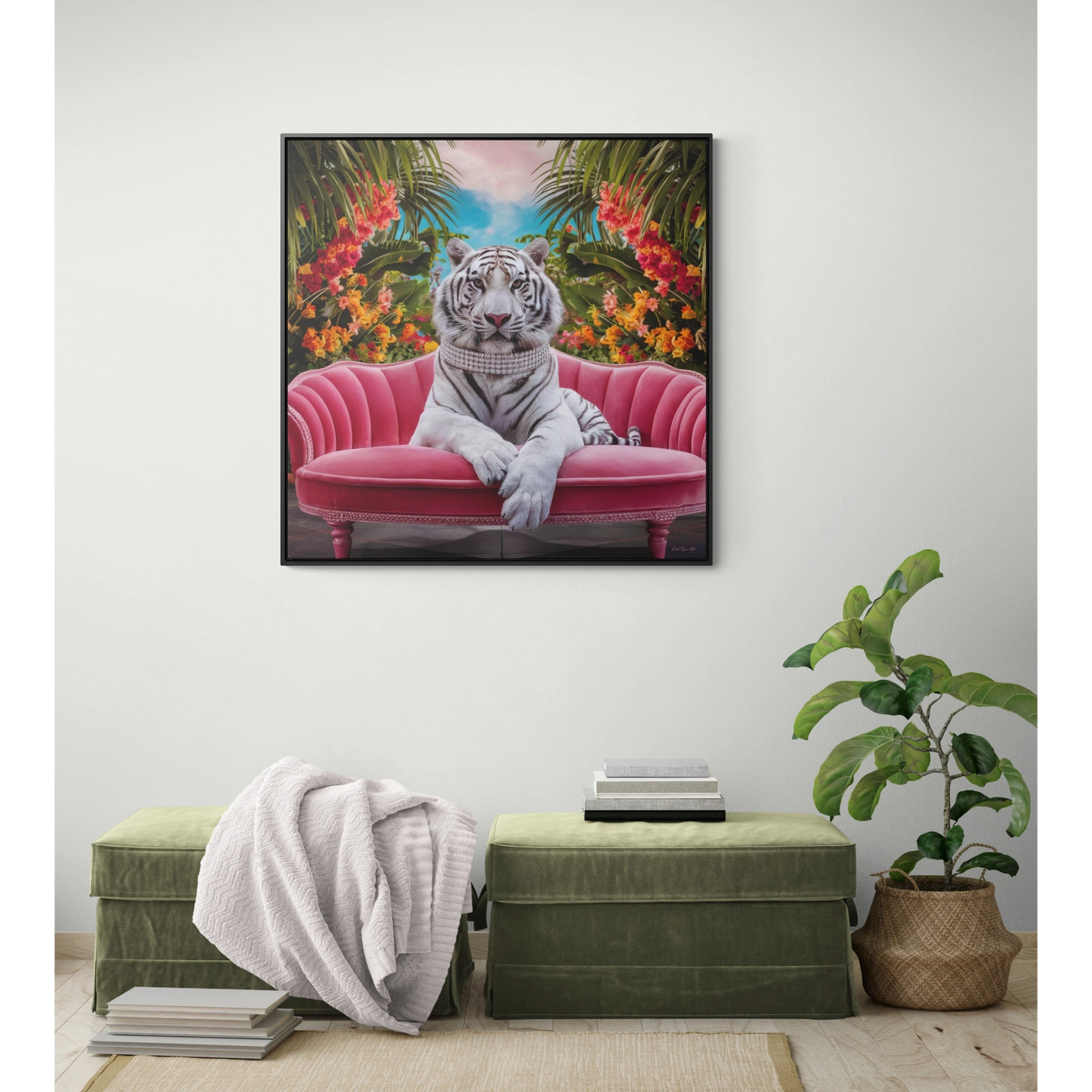 Square Frame Wall Art, Majestic White Tiger Diamond Collar Pink Velvet Couch Canvas, Tropical Flowers, Gallery Canvas Wraps - LOLA VEGAS ART