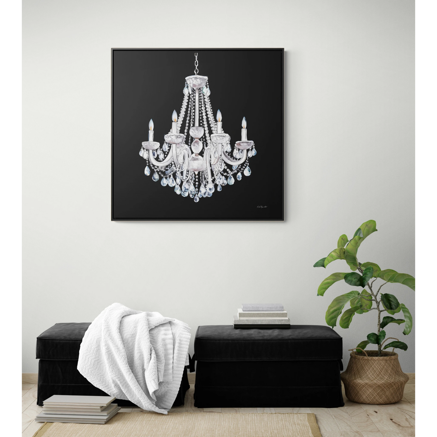 Square Frame Canvas Wall Art, Luxurious White Crystal Chandelier Painting for Fashionistas, Glamorous Wall Decor, Gallery Canvas Wraps, - LOLA VEGAS ART